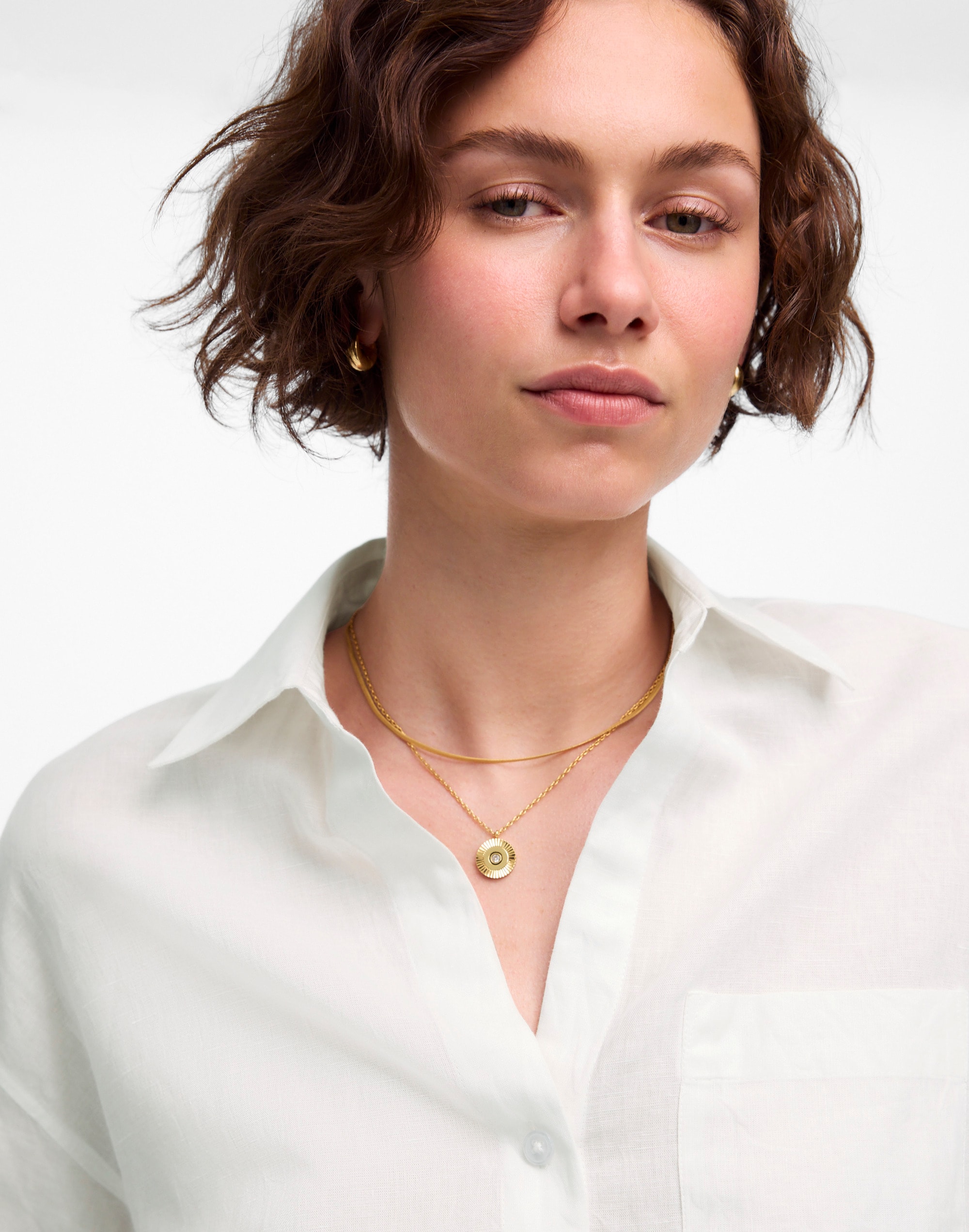 Shirred Button-Up Shirt in Linen-Cotton