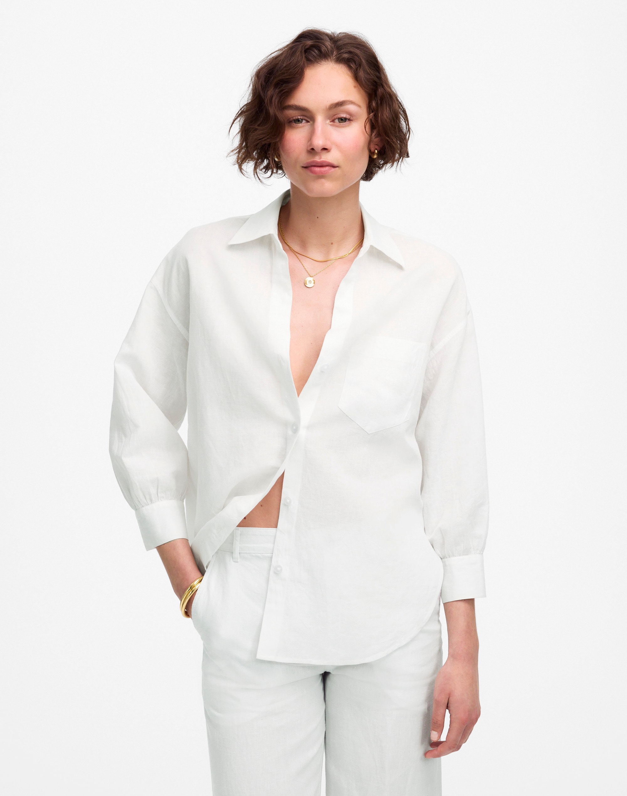 Shirred Button-Up Shirt in Linen-Cotton