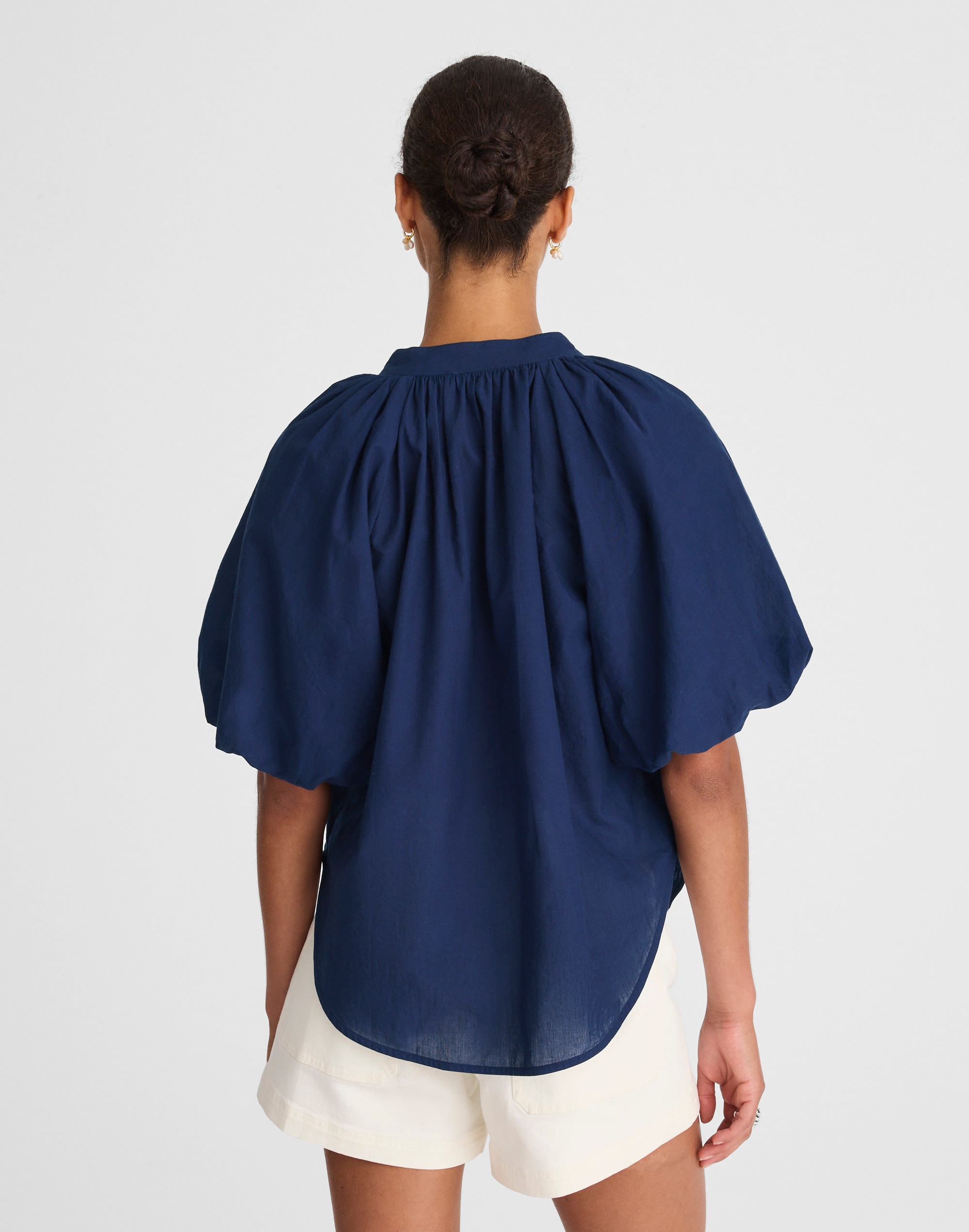 Shirred Balloon-Sleeve Top in Cotton Voile