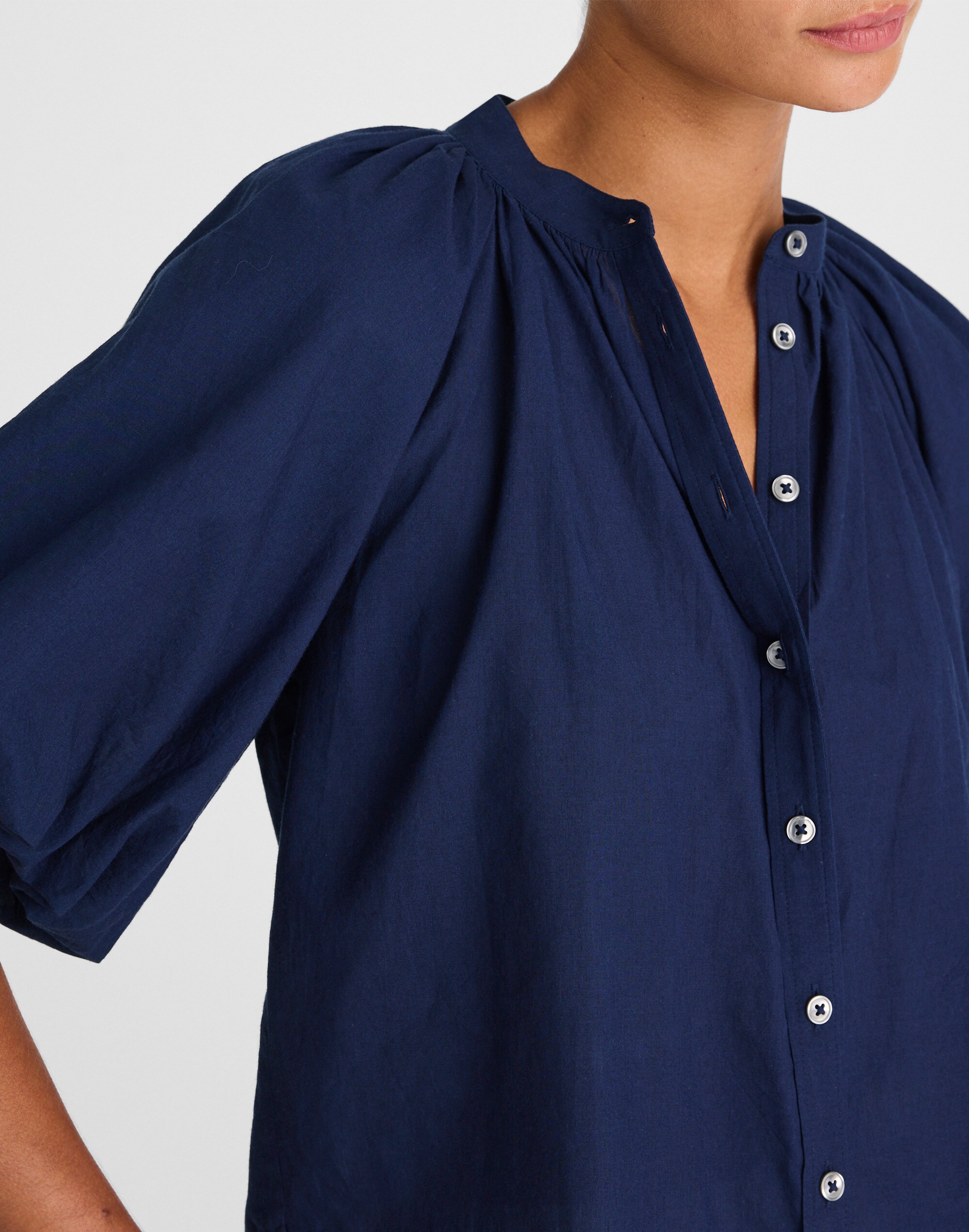 Shirred Balloon-Sleeve Top in Cotton Voile