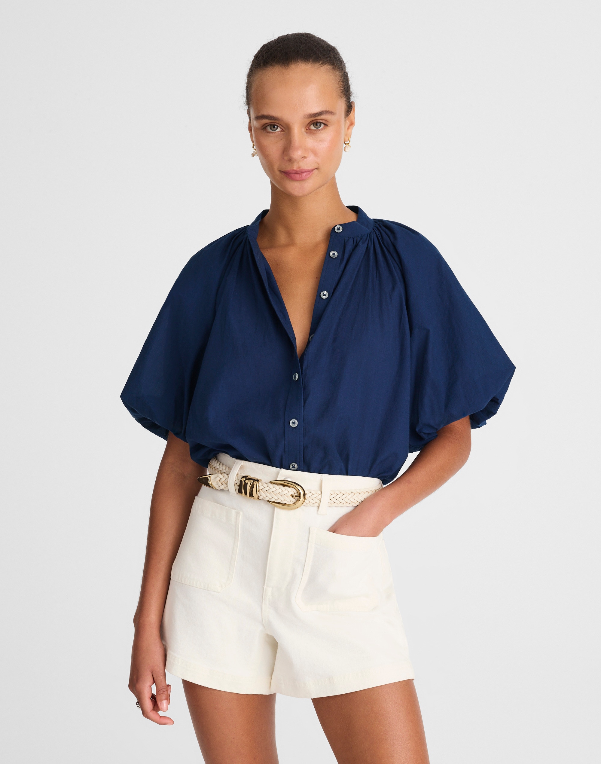 shirred balloon-sleeve top in cotton voile