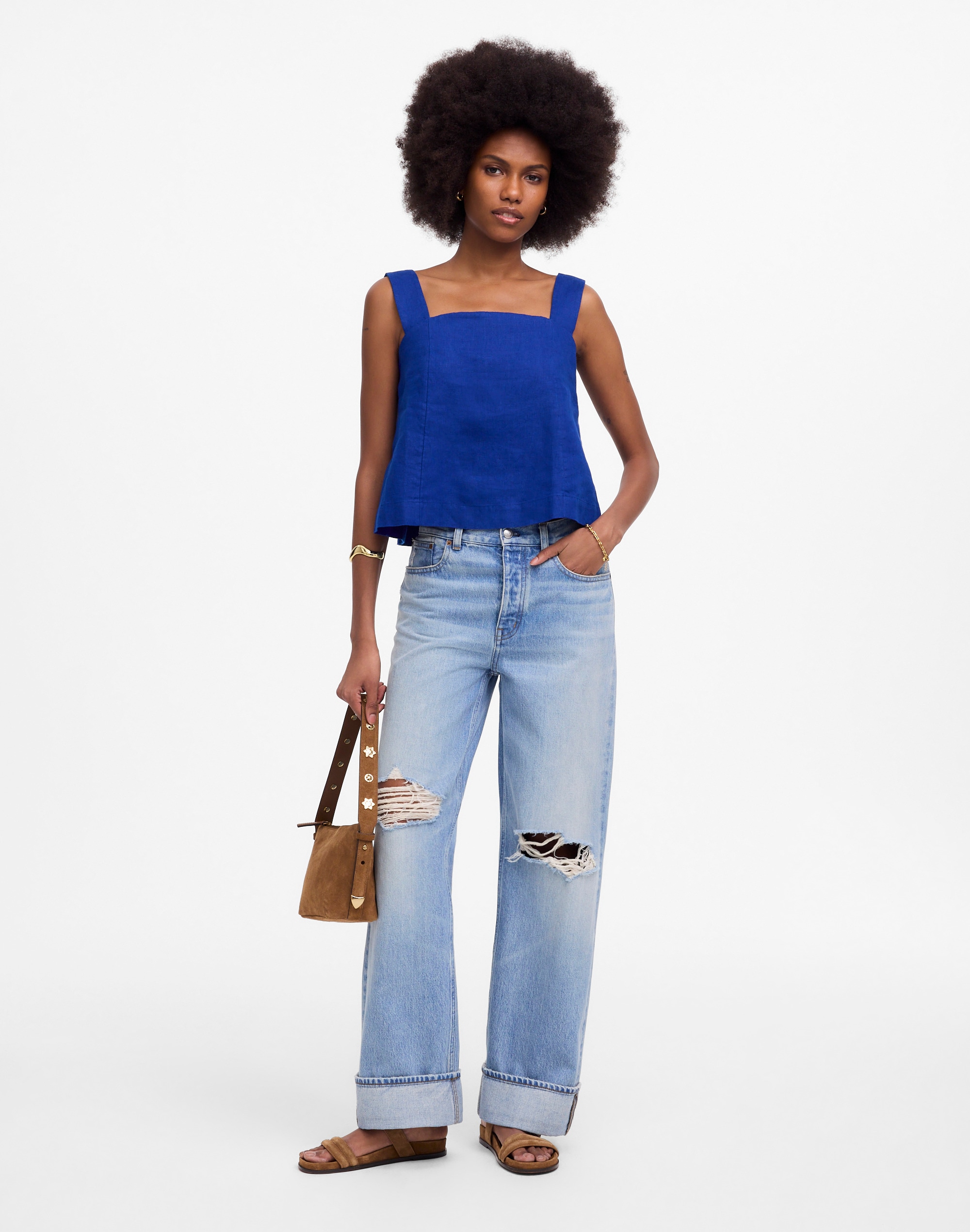 Curved-Neck Shell Tank in 100% Linen