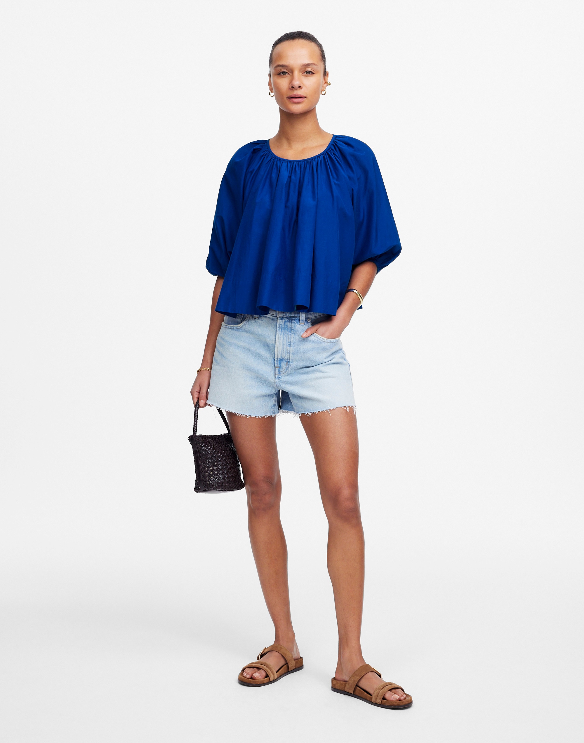 Shirred Puff-Sleeve Top in Cotton-Silk Voile