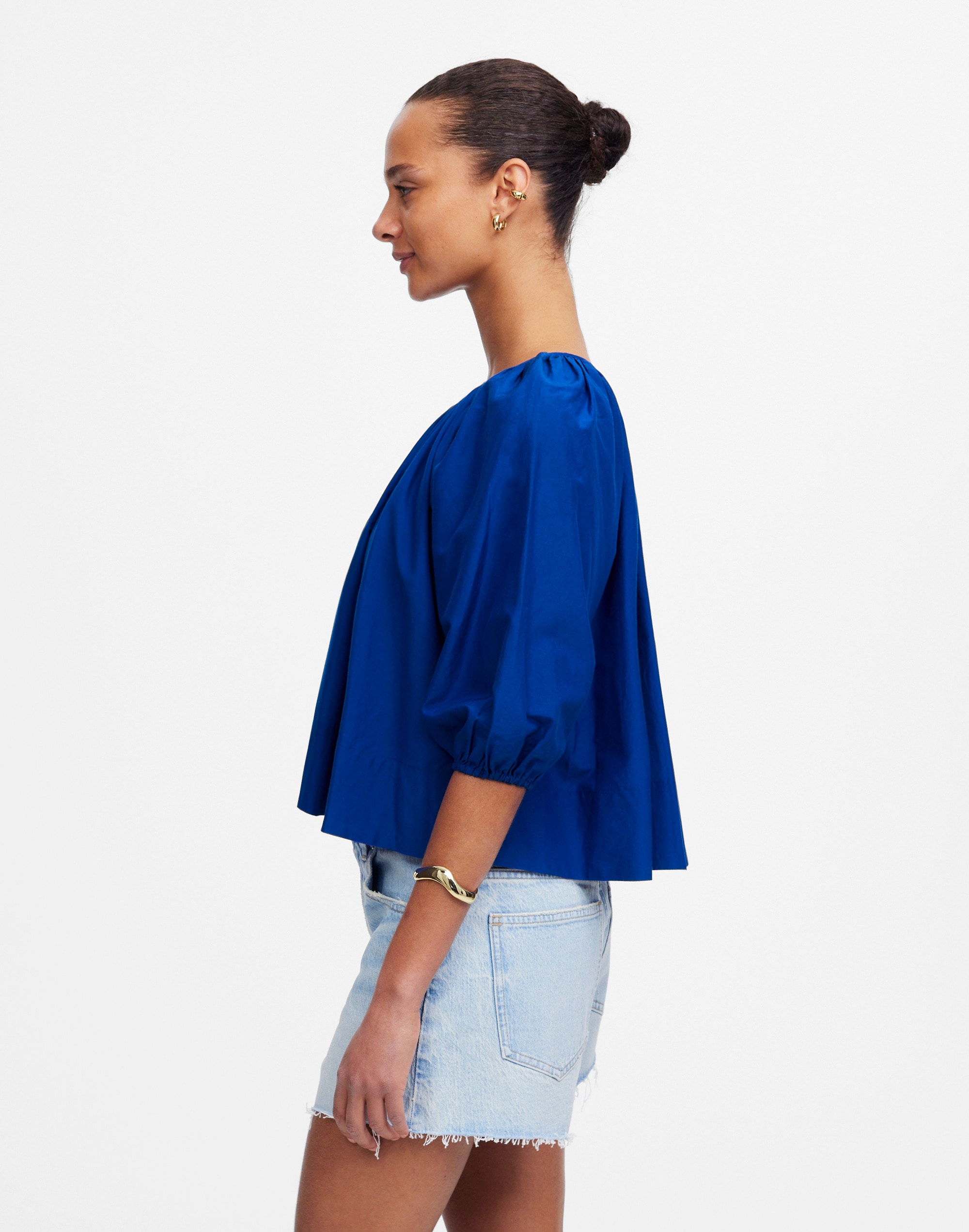 Shirred Puff-Sleeve Top in Cotton-Silk Voile