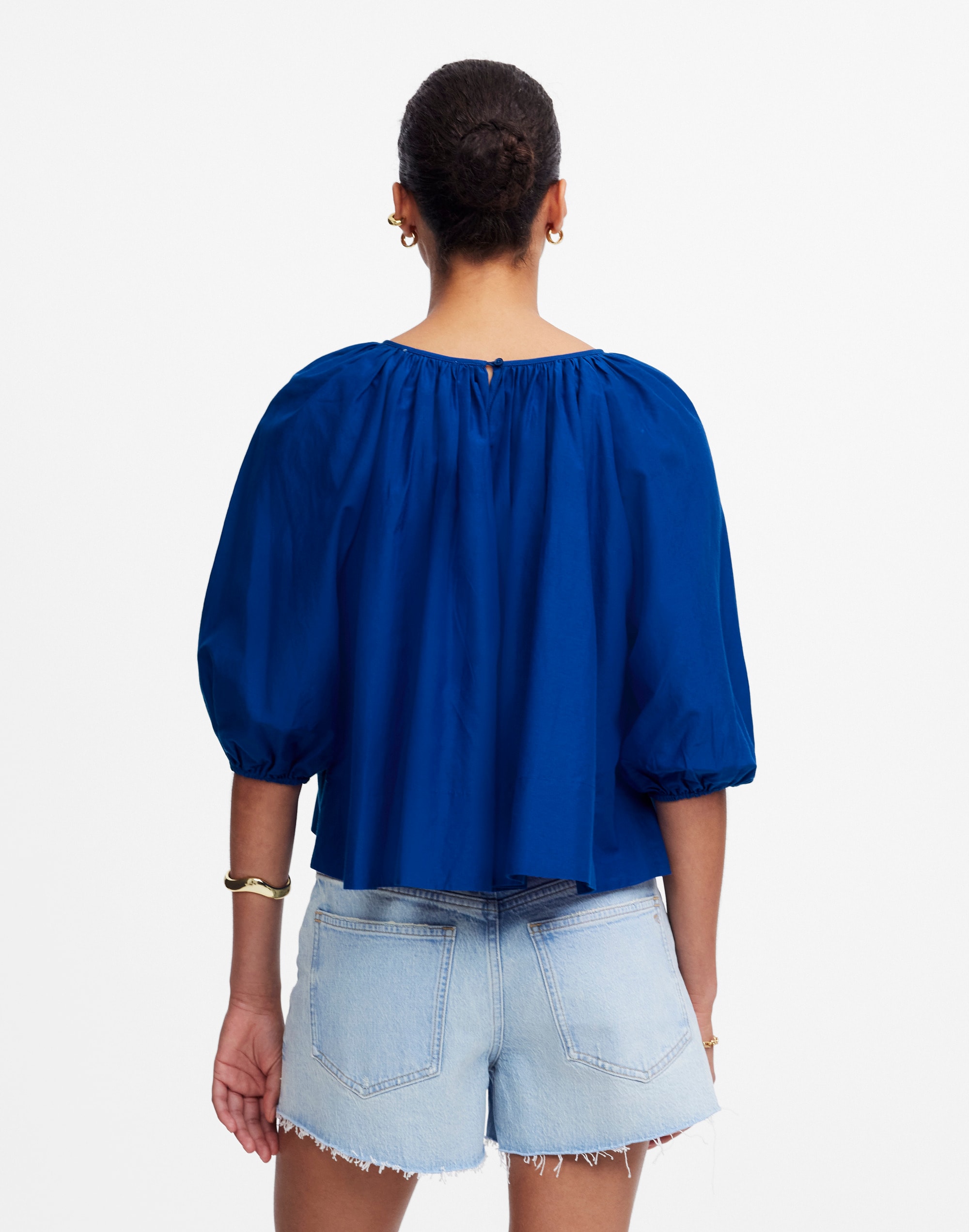 Shirred Puff-Sleeve Top in Cotton-Silk Voile