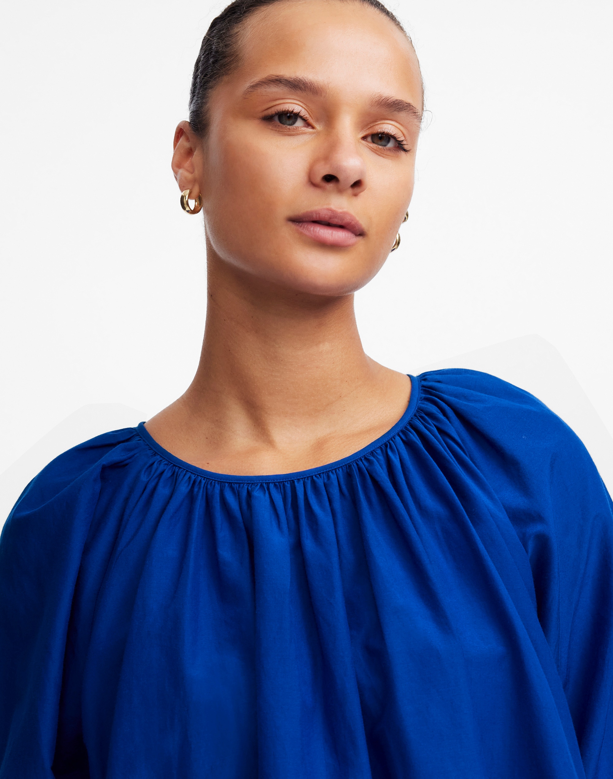 Shirred Puff-Sleeve Top in Cotton-Silk Voile