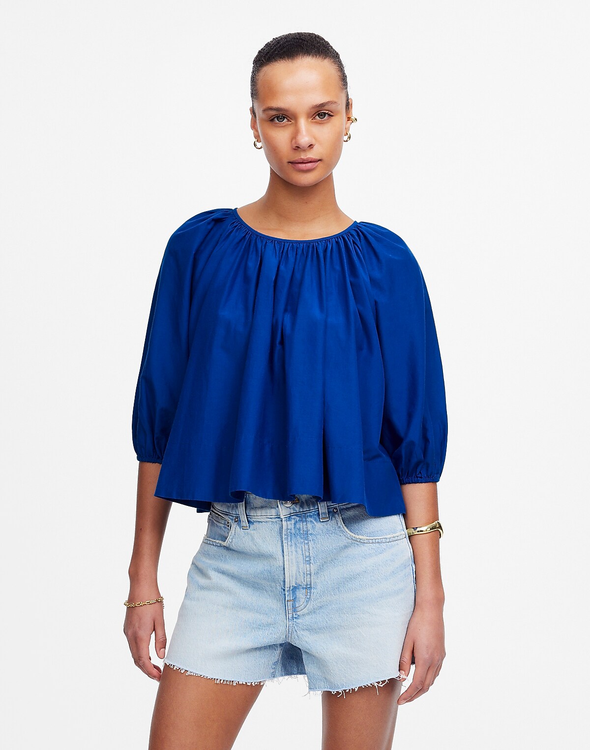 Shirred Puff-Sleeve Top in Cotton-Silk Voile