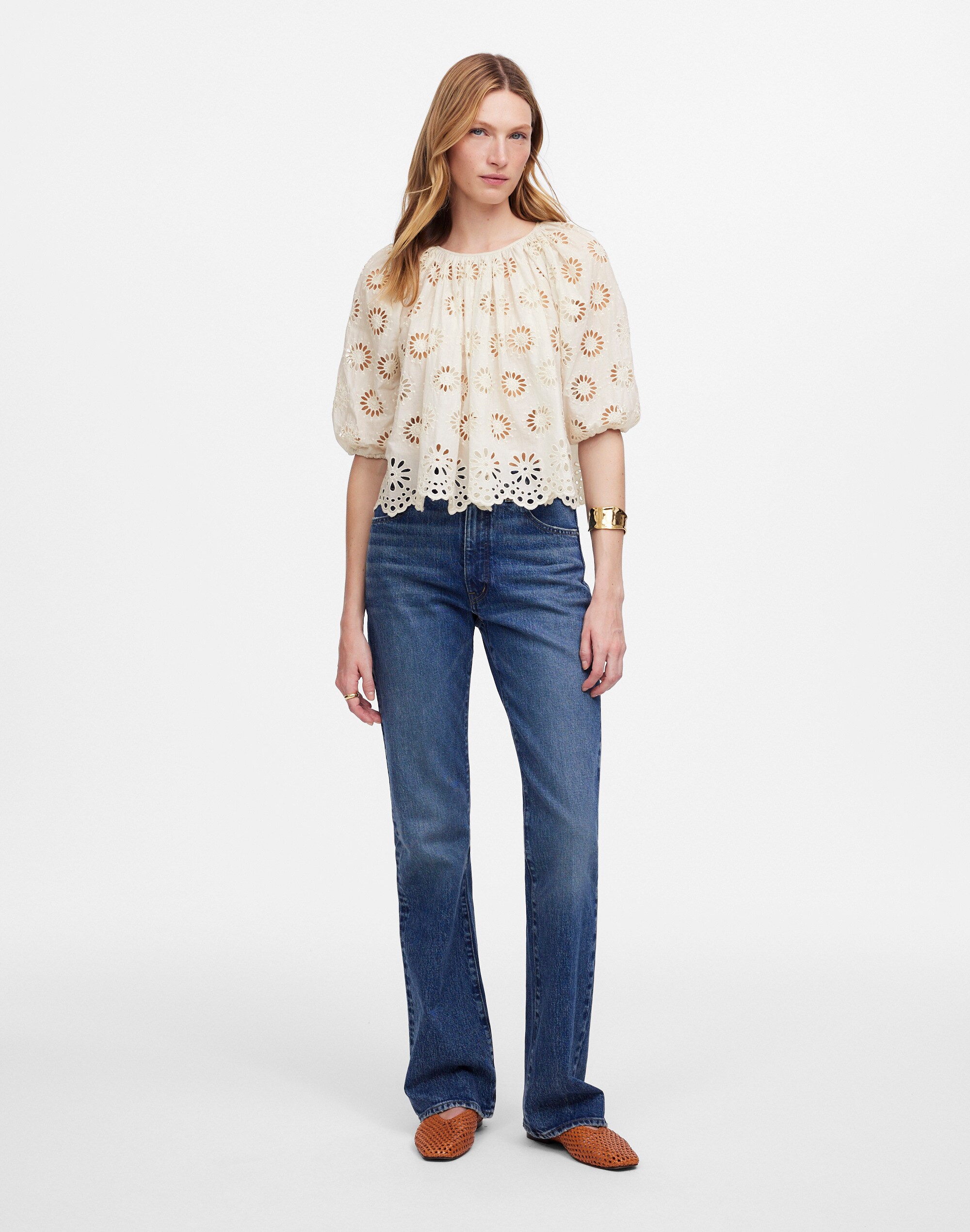 Embroidered Shirred Puff-Sleeve Top