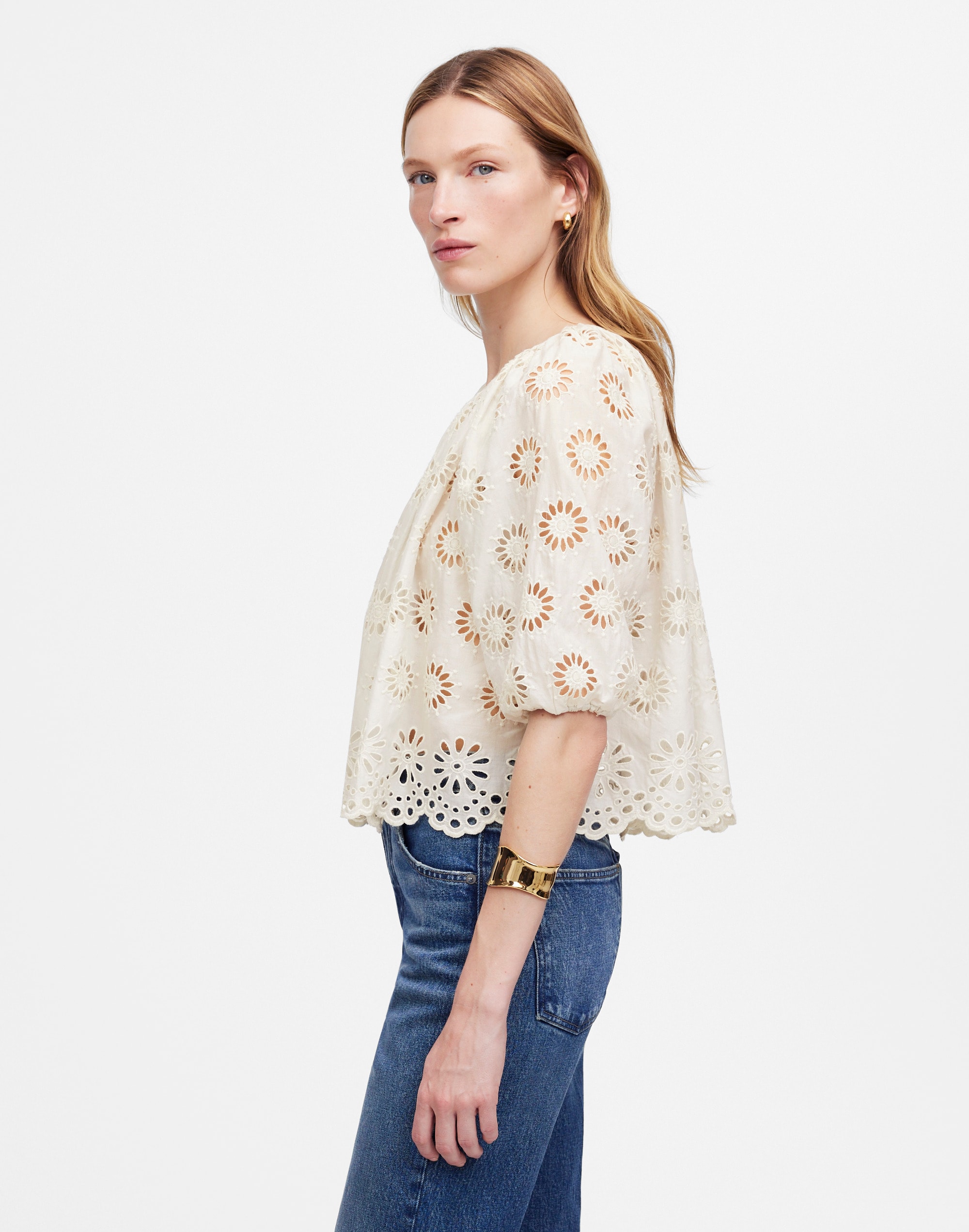 Embroidered Shirred Puff-Sleeve Top
