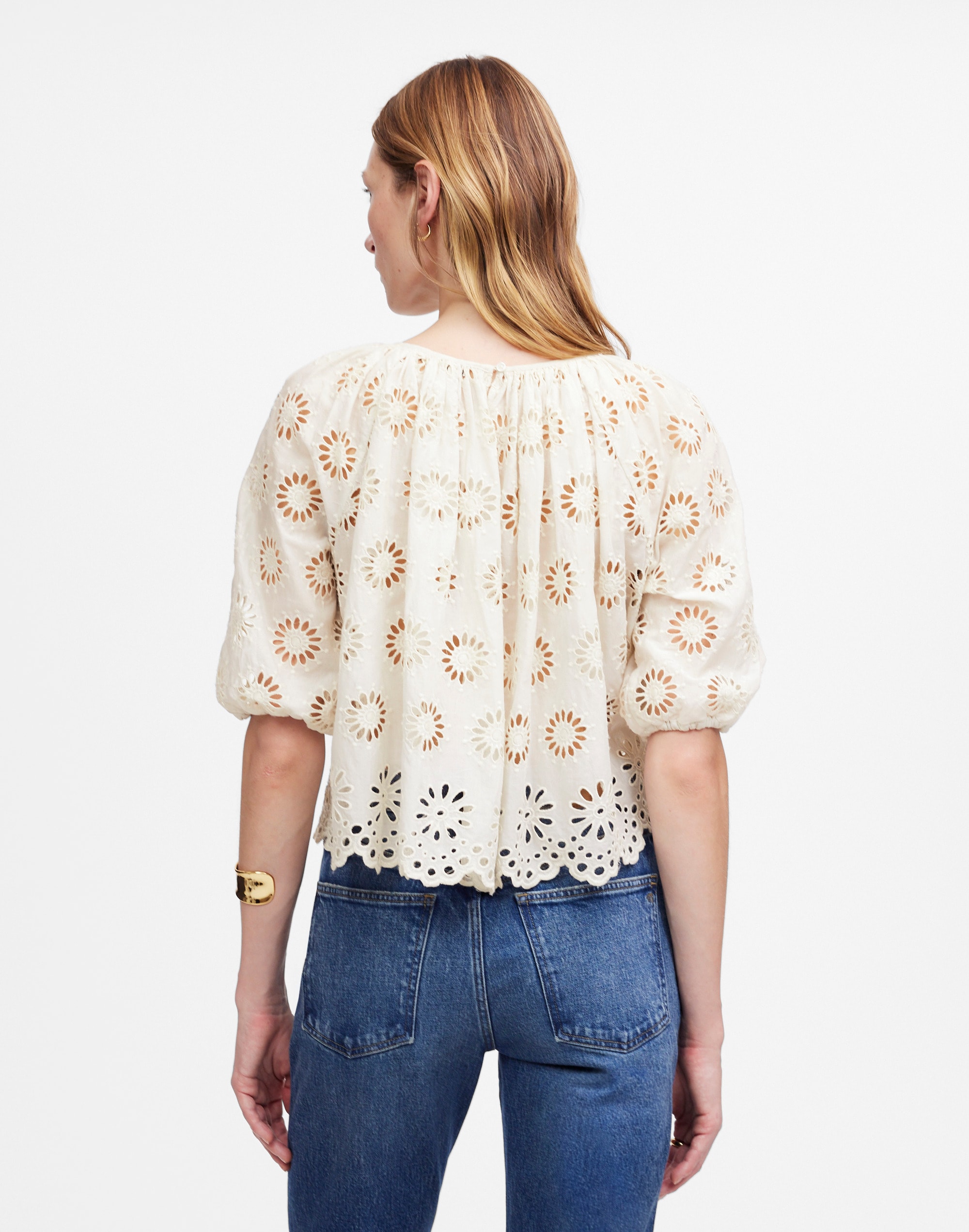 Embroidered Shirred Puff-Sleeve Top