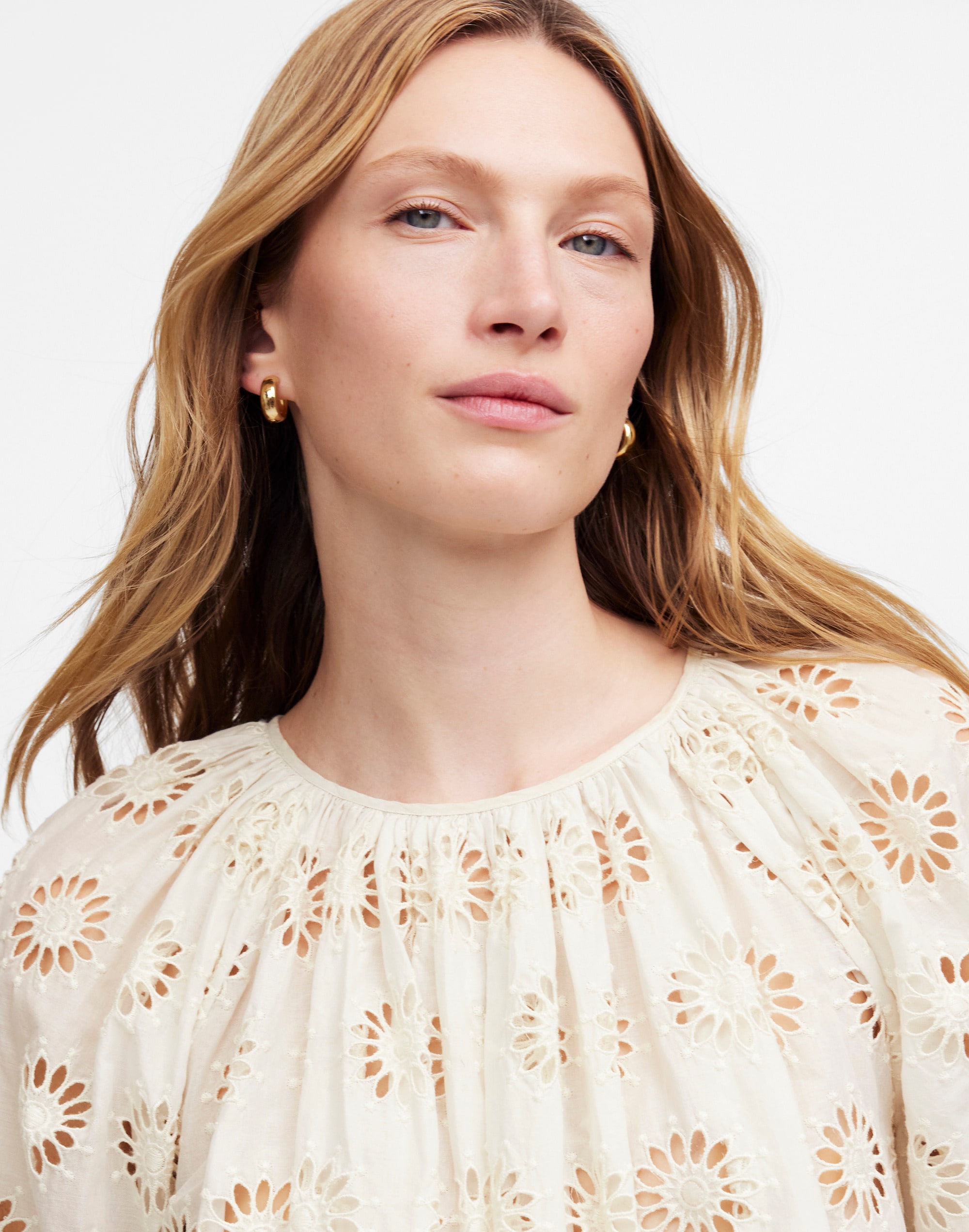 Embroidered Shirred Puff-Sleeve Top