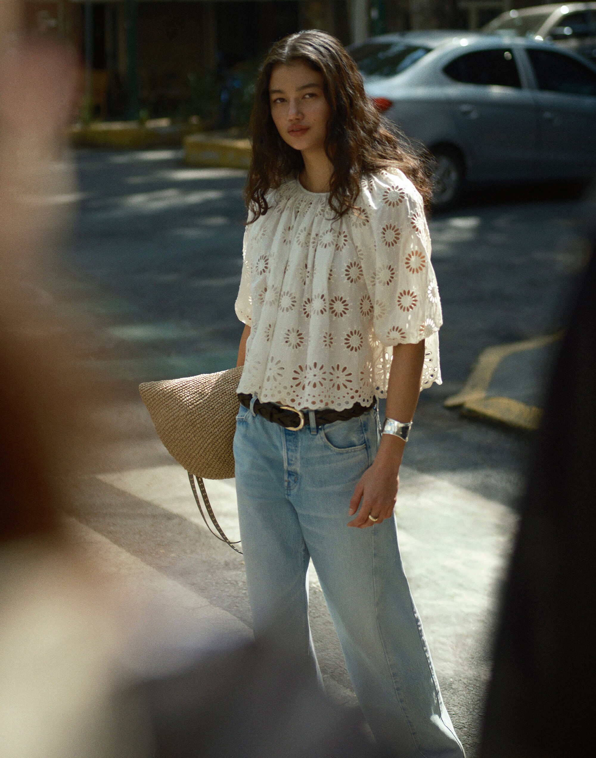 Puff Sleeve Striped & Embroidered Top, Cream