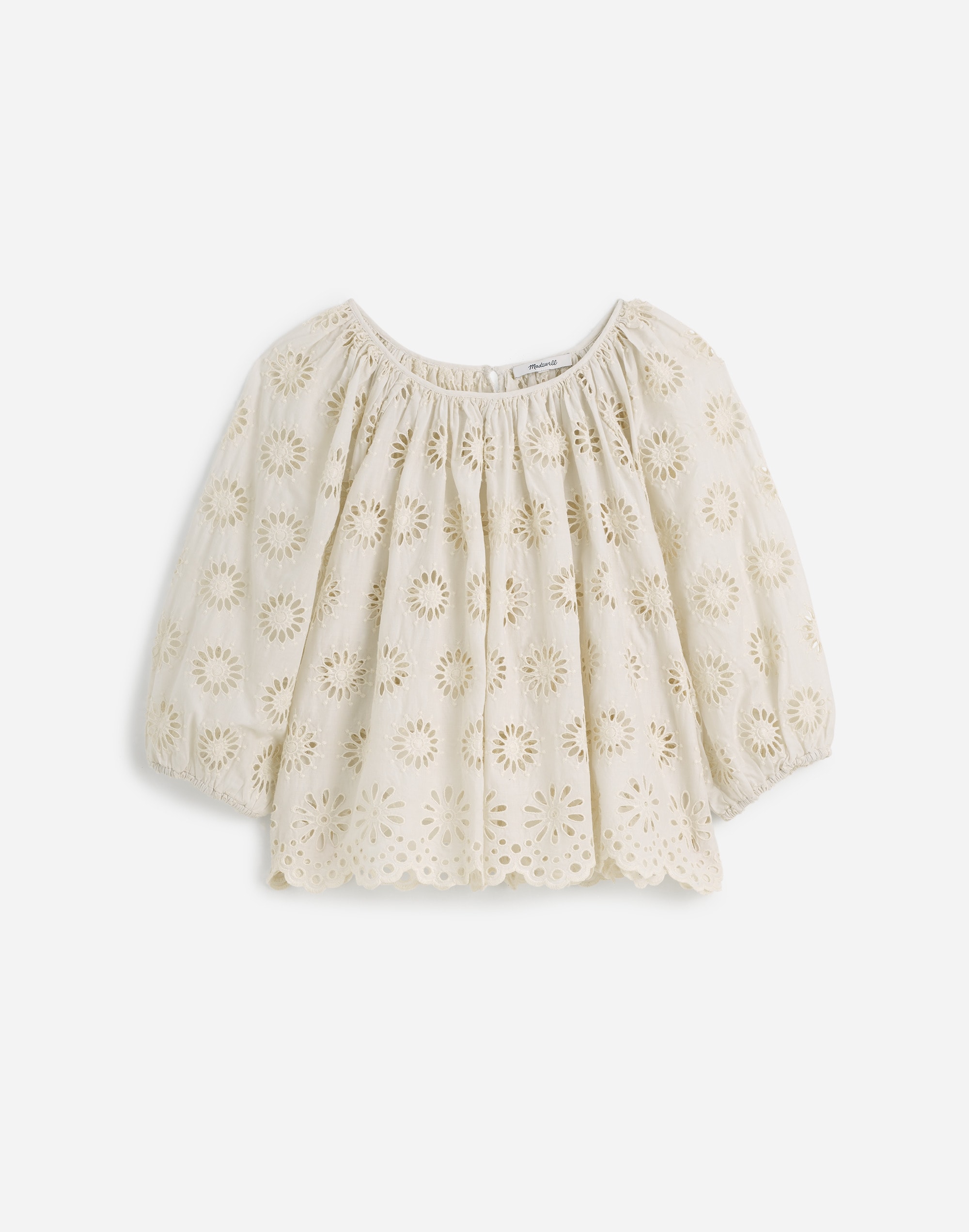 Embroidered Shirred Puff-Sleeve Top