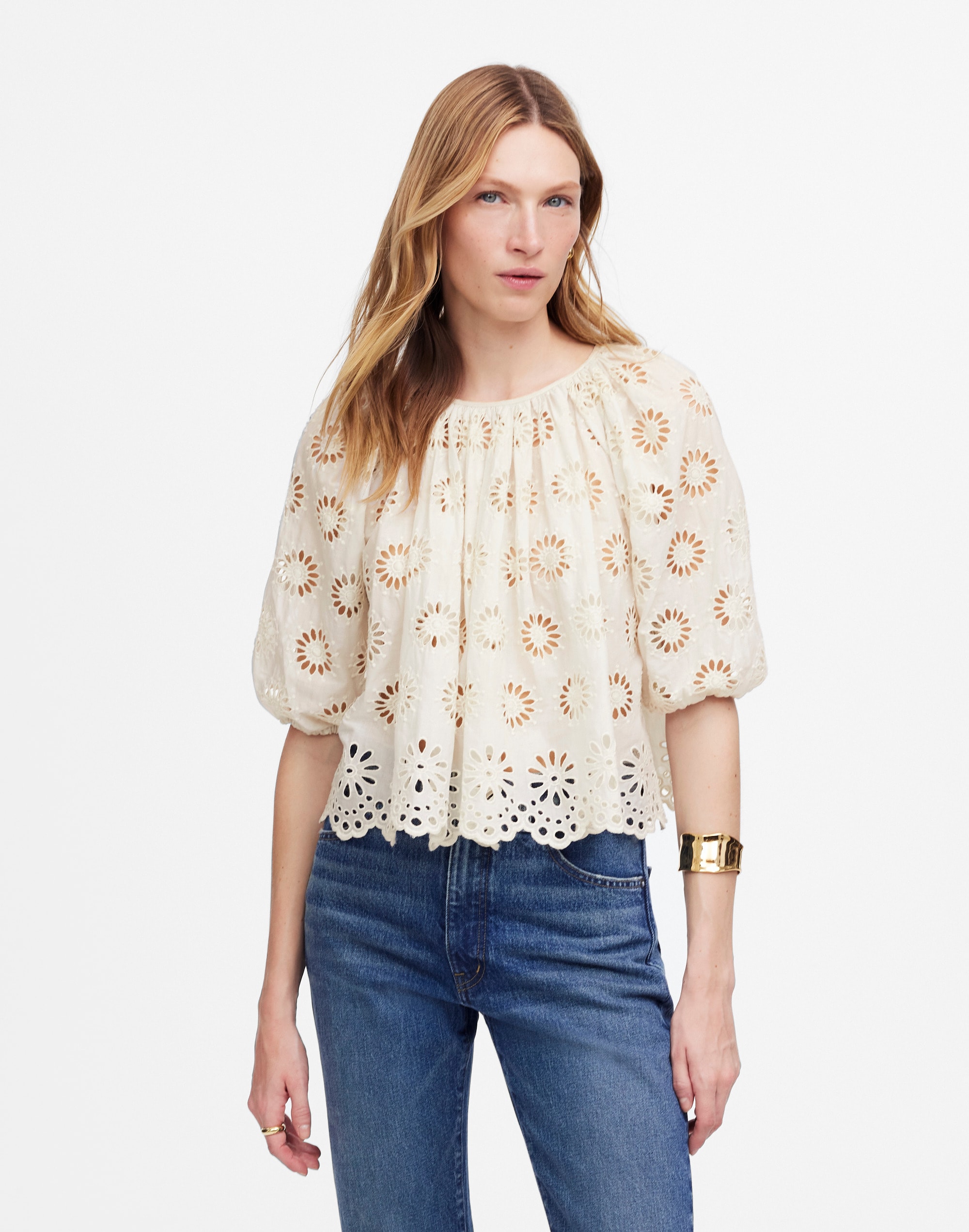 Embroidered Shirred Puff-Sleeve Top