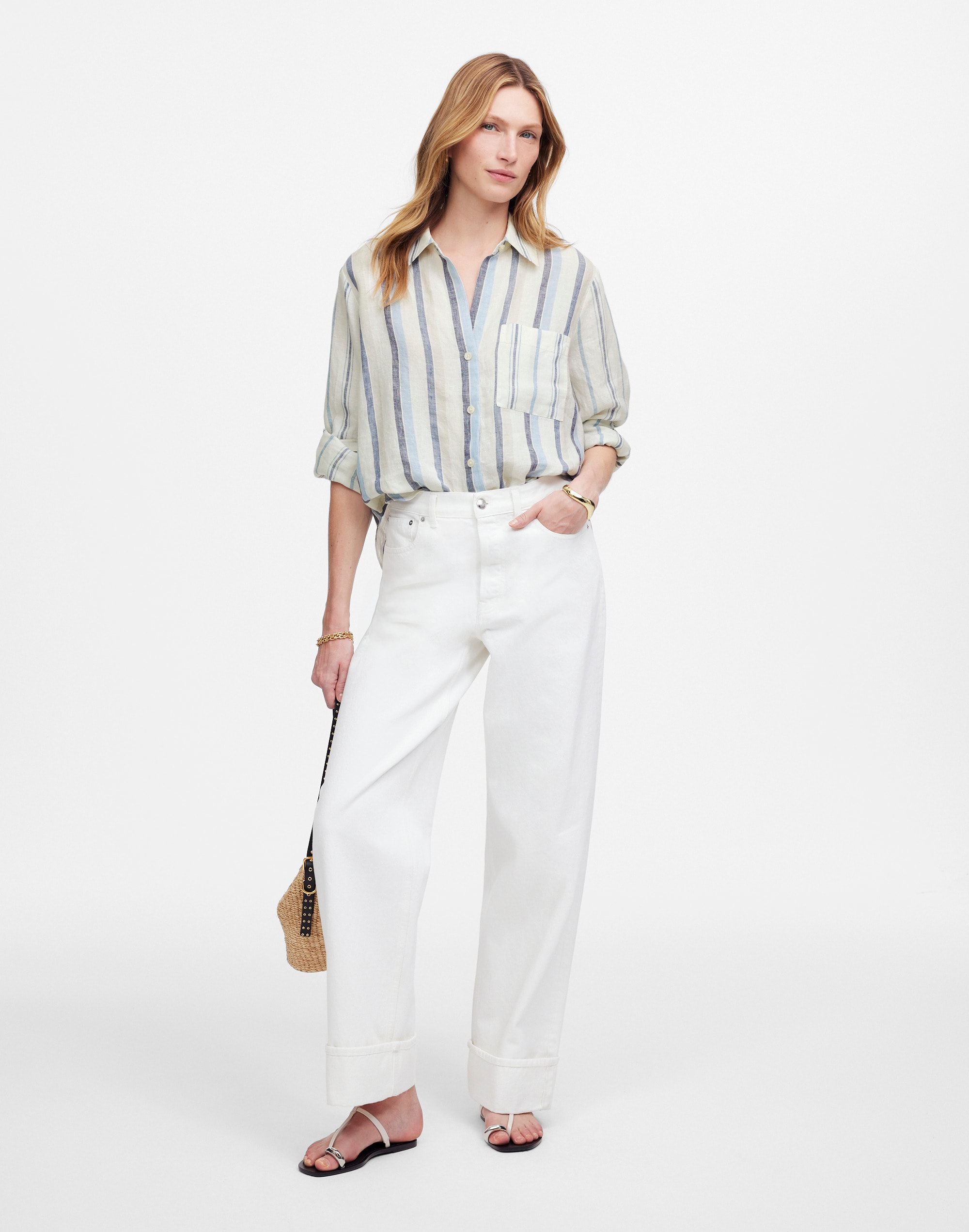 Linen Easy Y-Neck Button-Up Shirt in Mixed Stripe