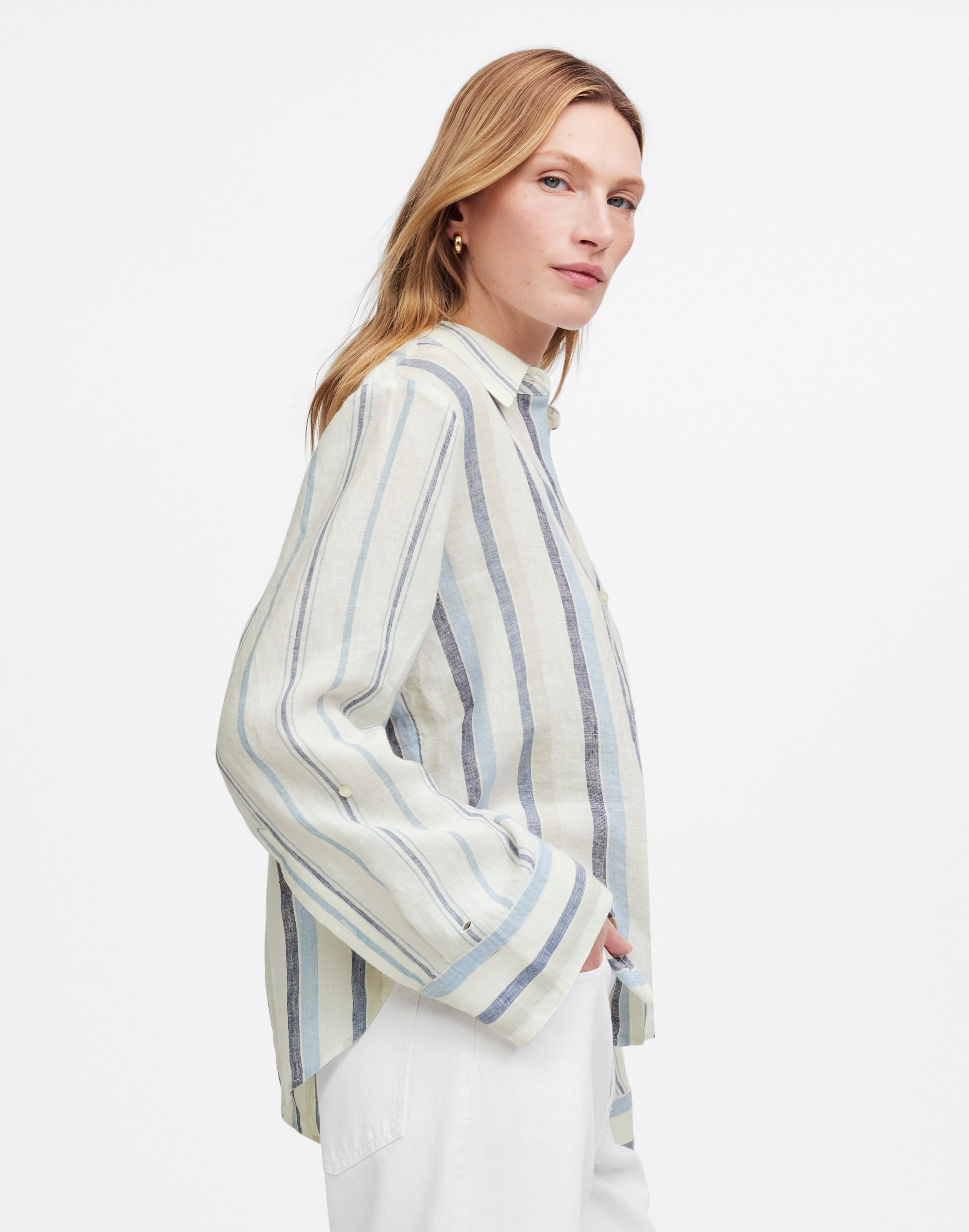Linen Easy Y-Neck Button-Up Shirt in Mixed Stripe