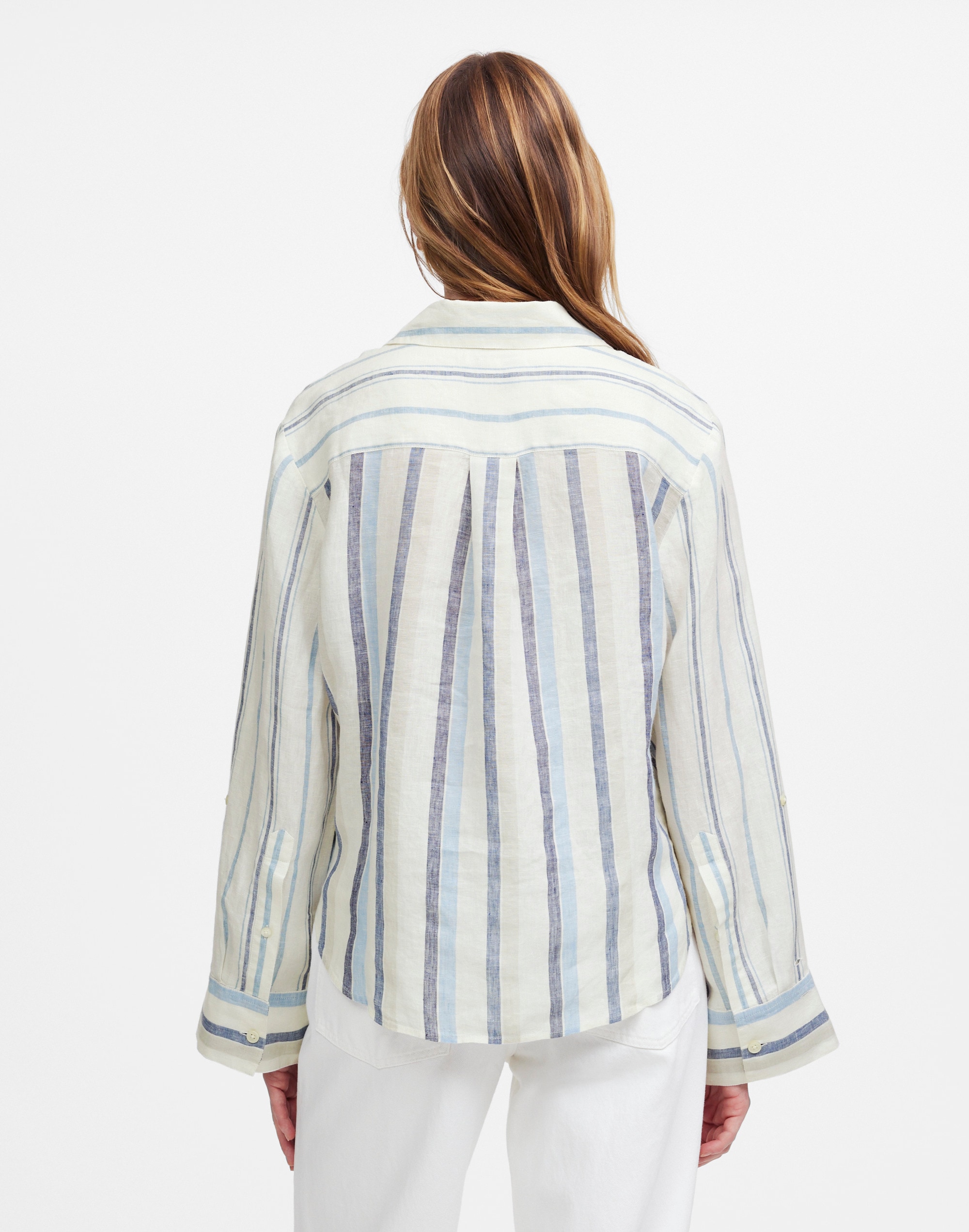 Linen Easy Y-Neck Button-Up Shirt in Mixed Stripe