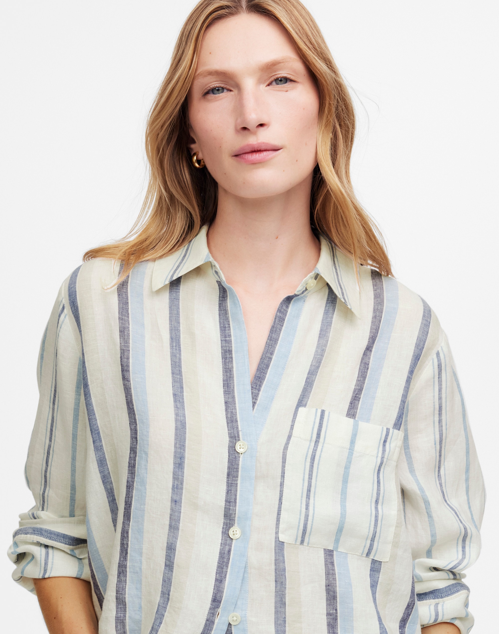 Linen Easy Y-Neck Button-Up Shirt in Mixed Stripe