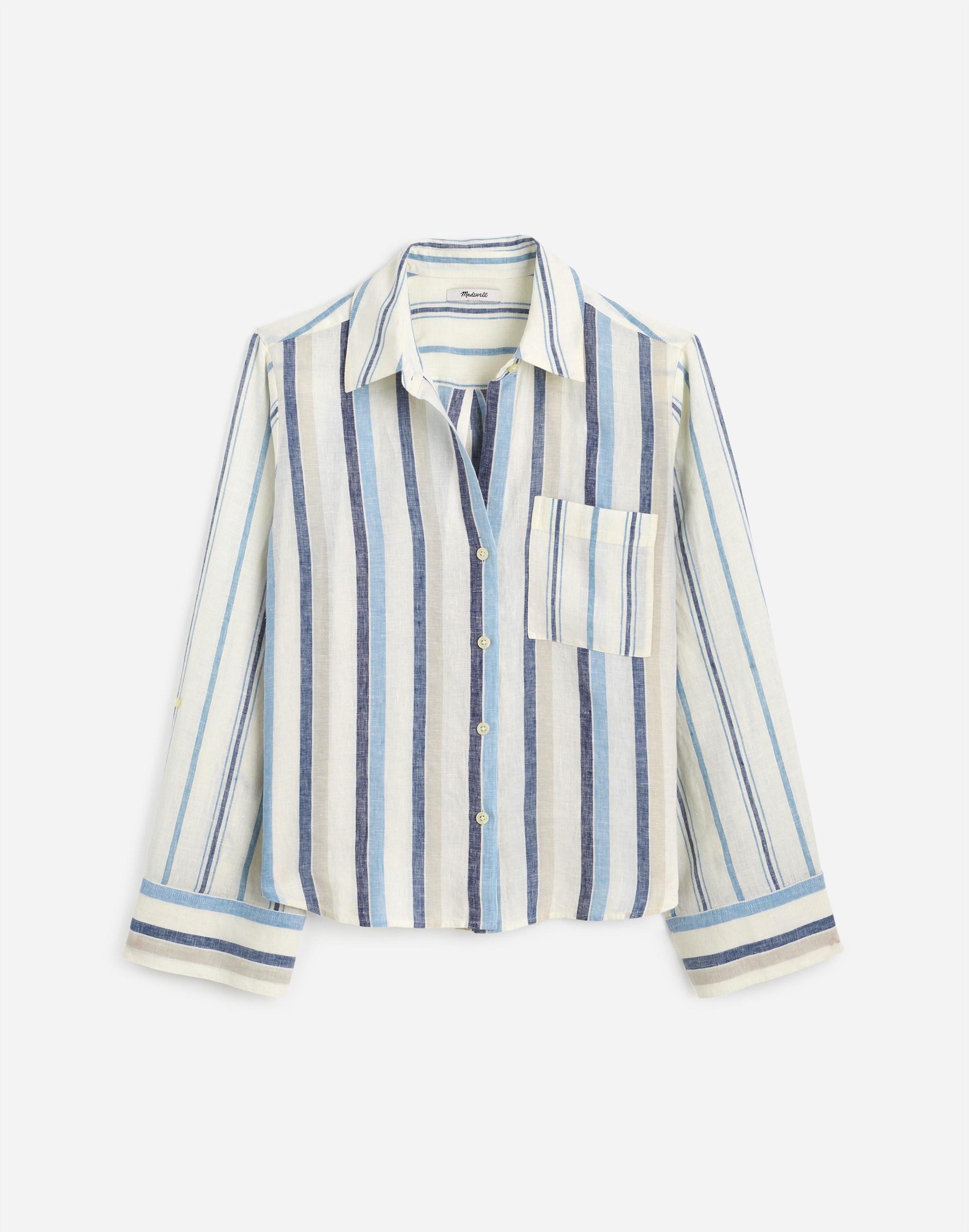 Linen Easy Y-Neck Button-Up Shirt in Mixed Stripe