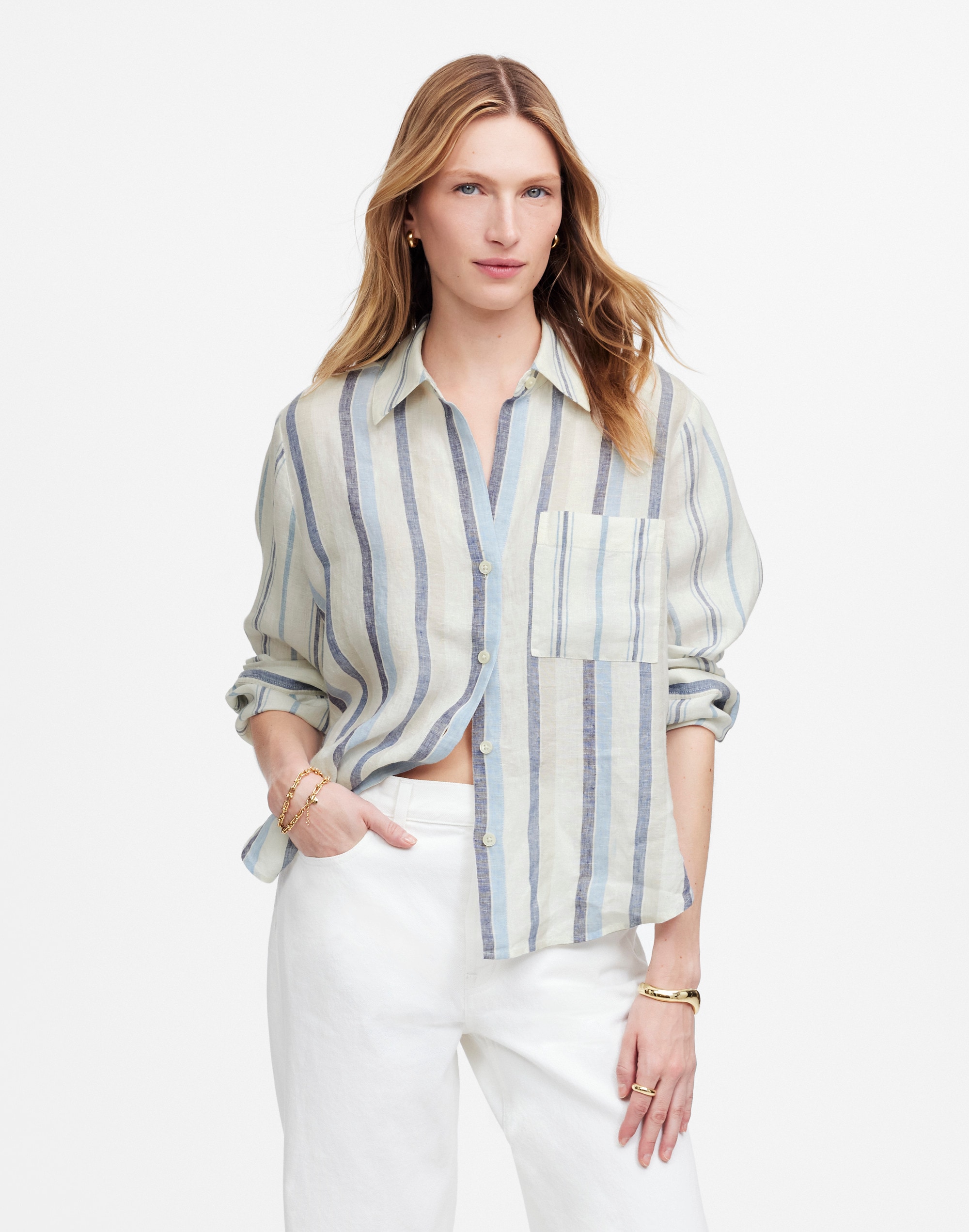 Linen Easy Y-Neck Button-Up Shirt in Mixed Stripe