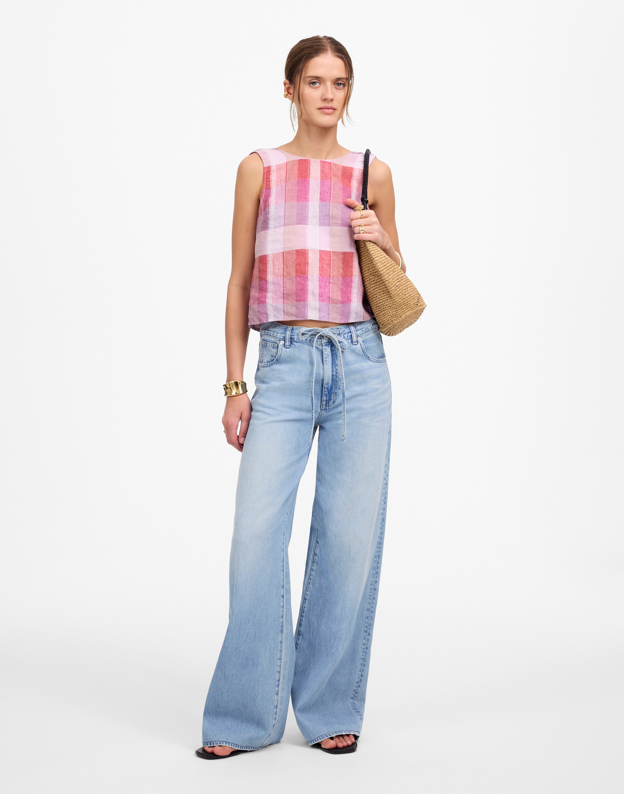 Plaid Tie-Back Tank in 100% Linen