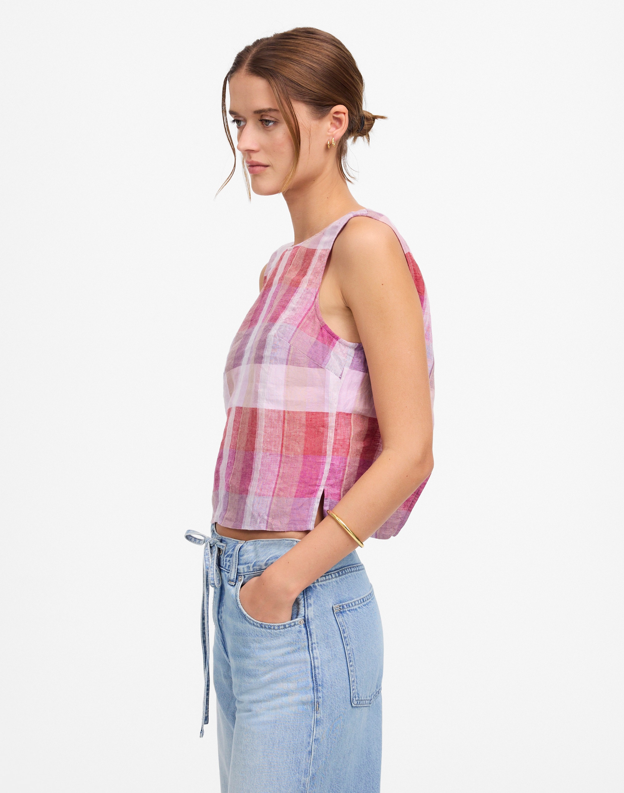 Plaid Tie-Back Tank in 100% Linen