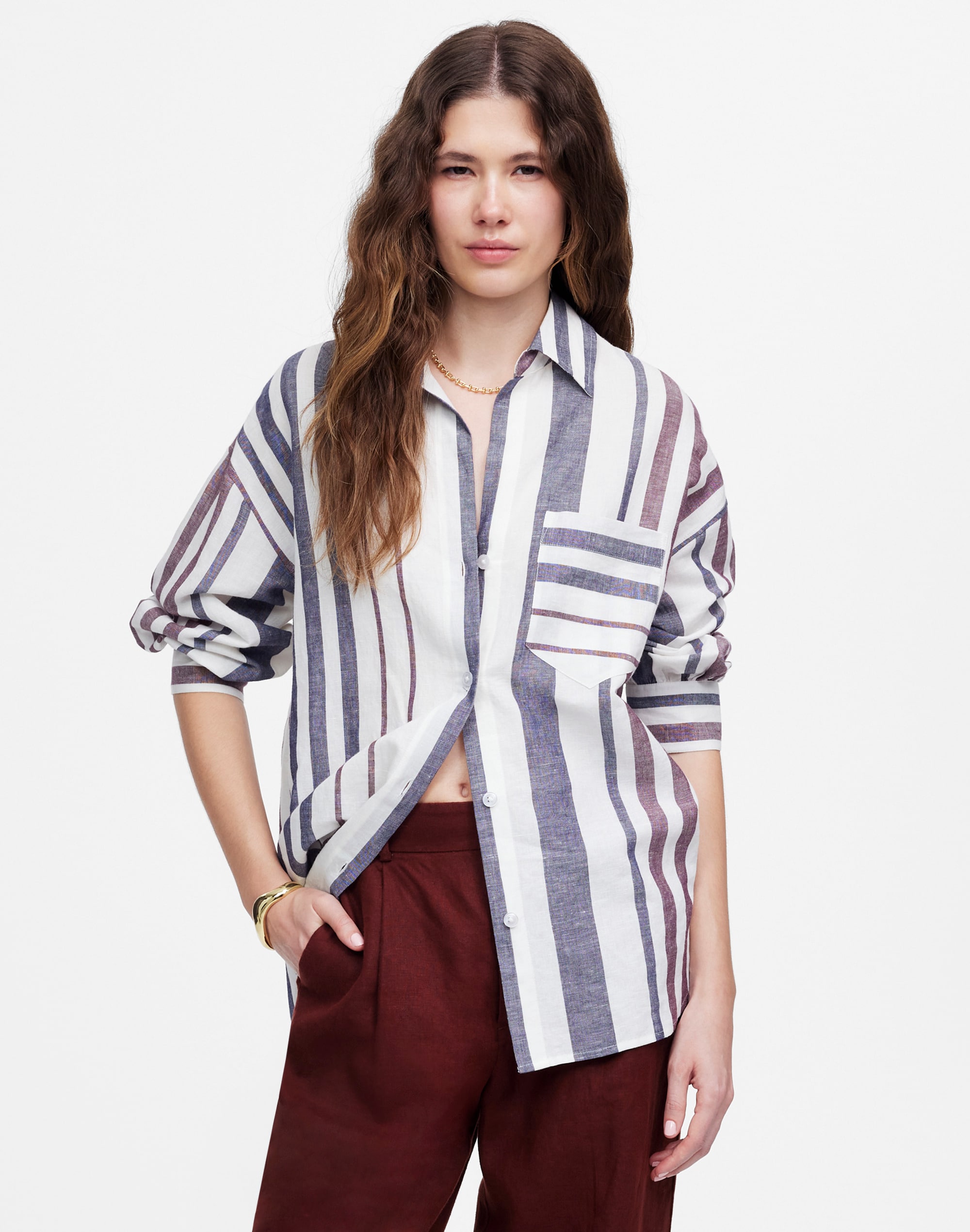 Shirred Button-Up Shirt in Linen-Cotton