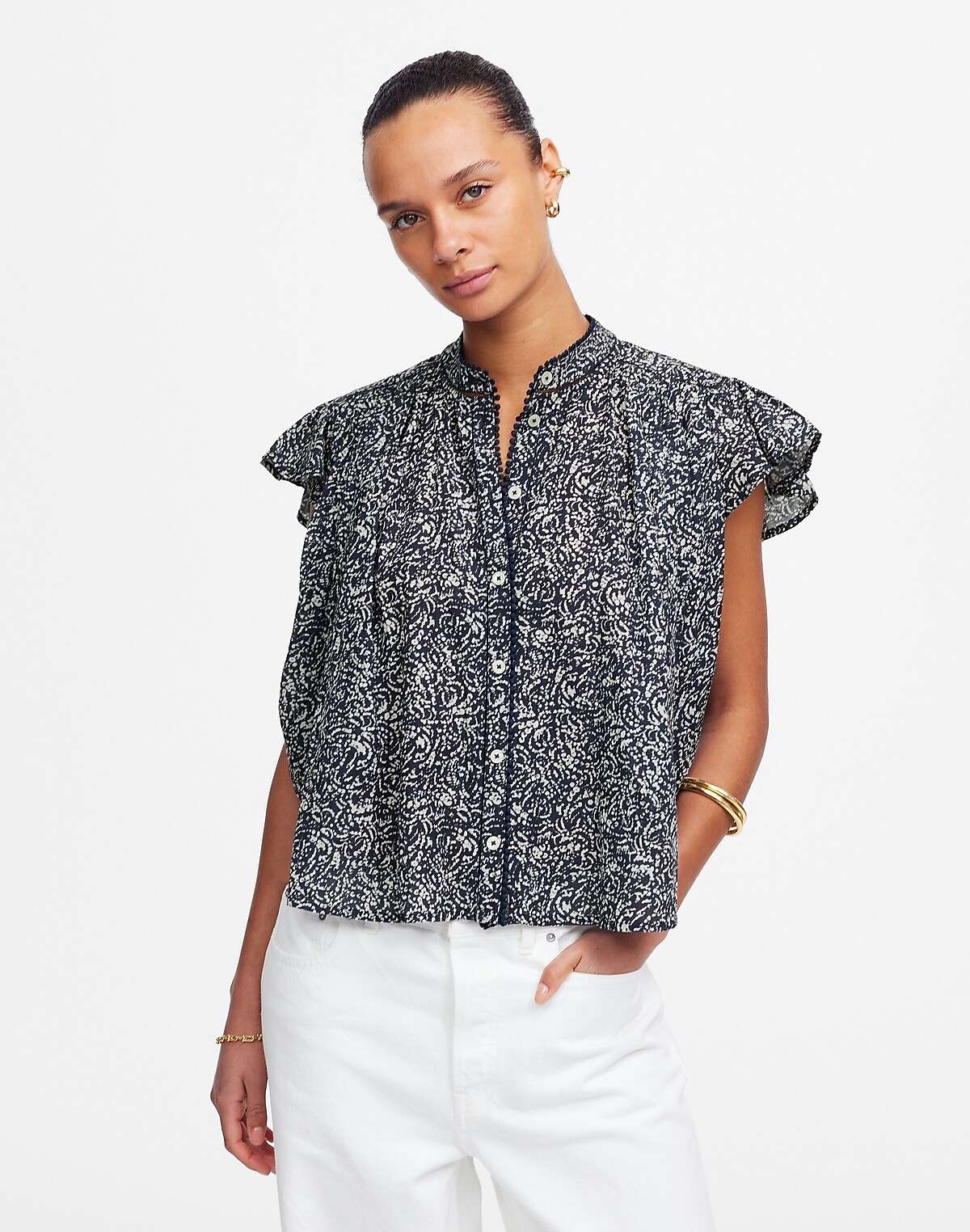 Shirred Lace-Trim Top