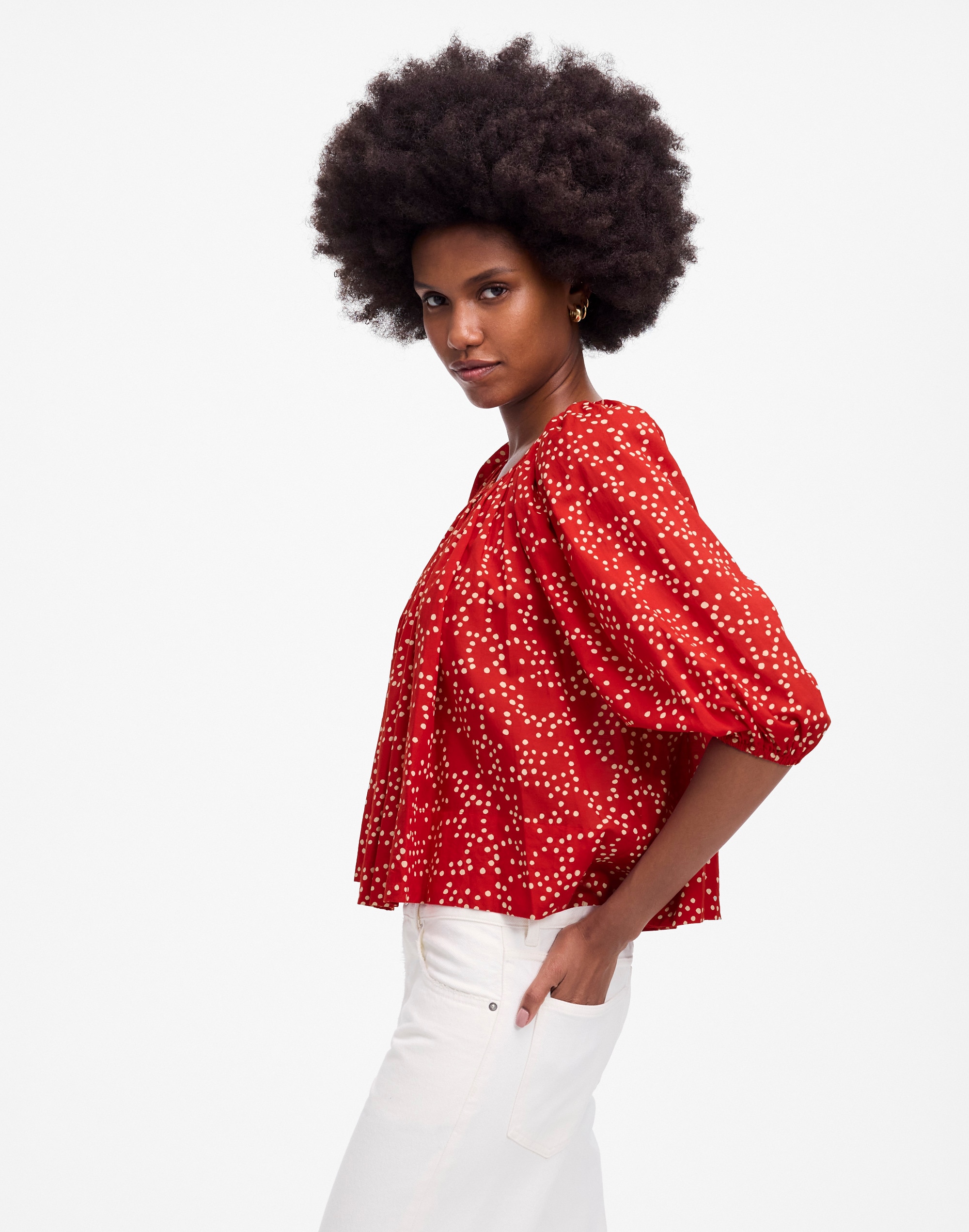 Shirred Puff-Sleeve Top in Dot Alternate Image 3