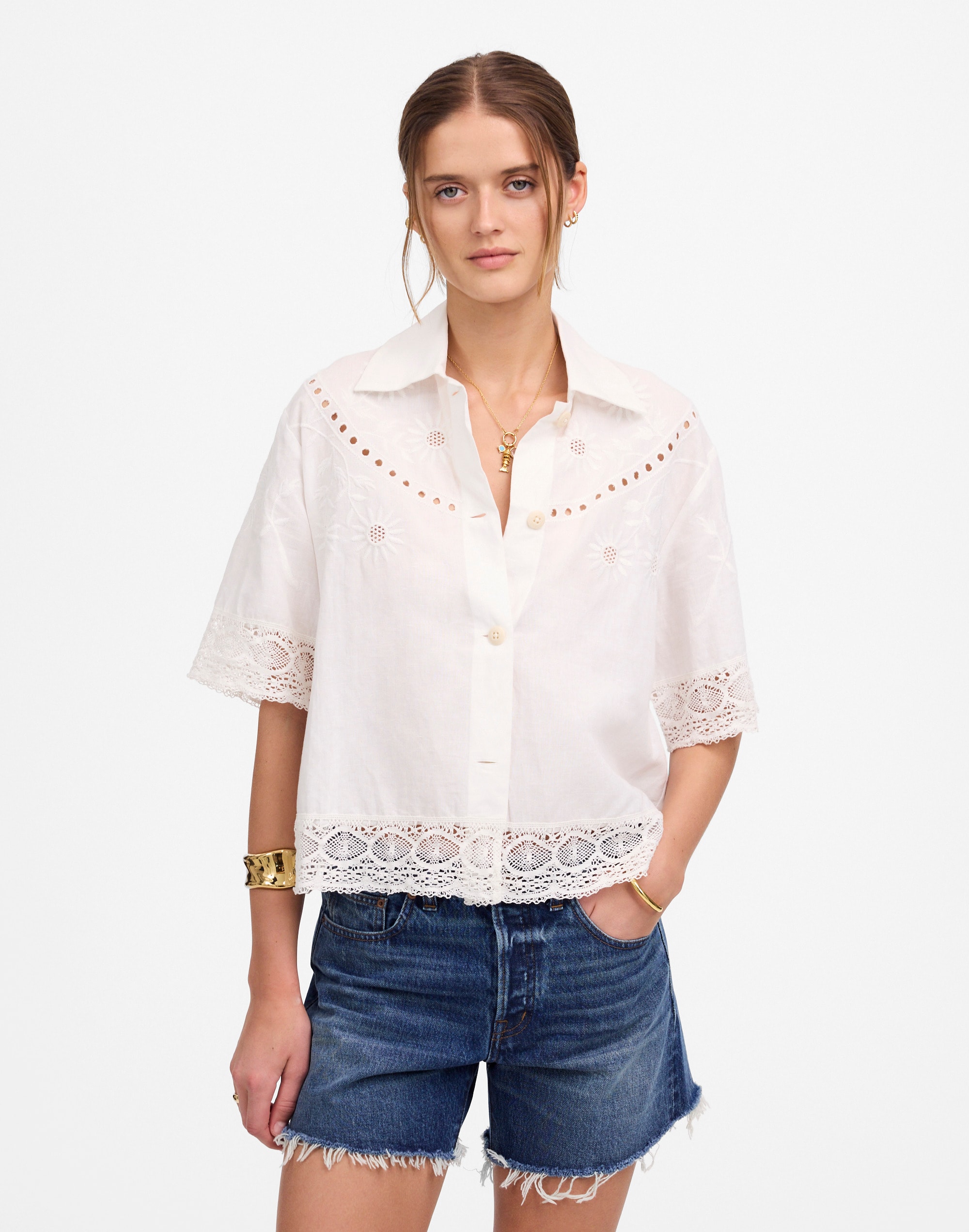 Embroidered Lace Button-Up Shirt