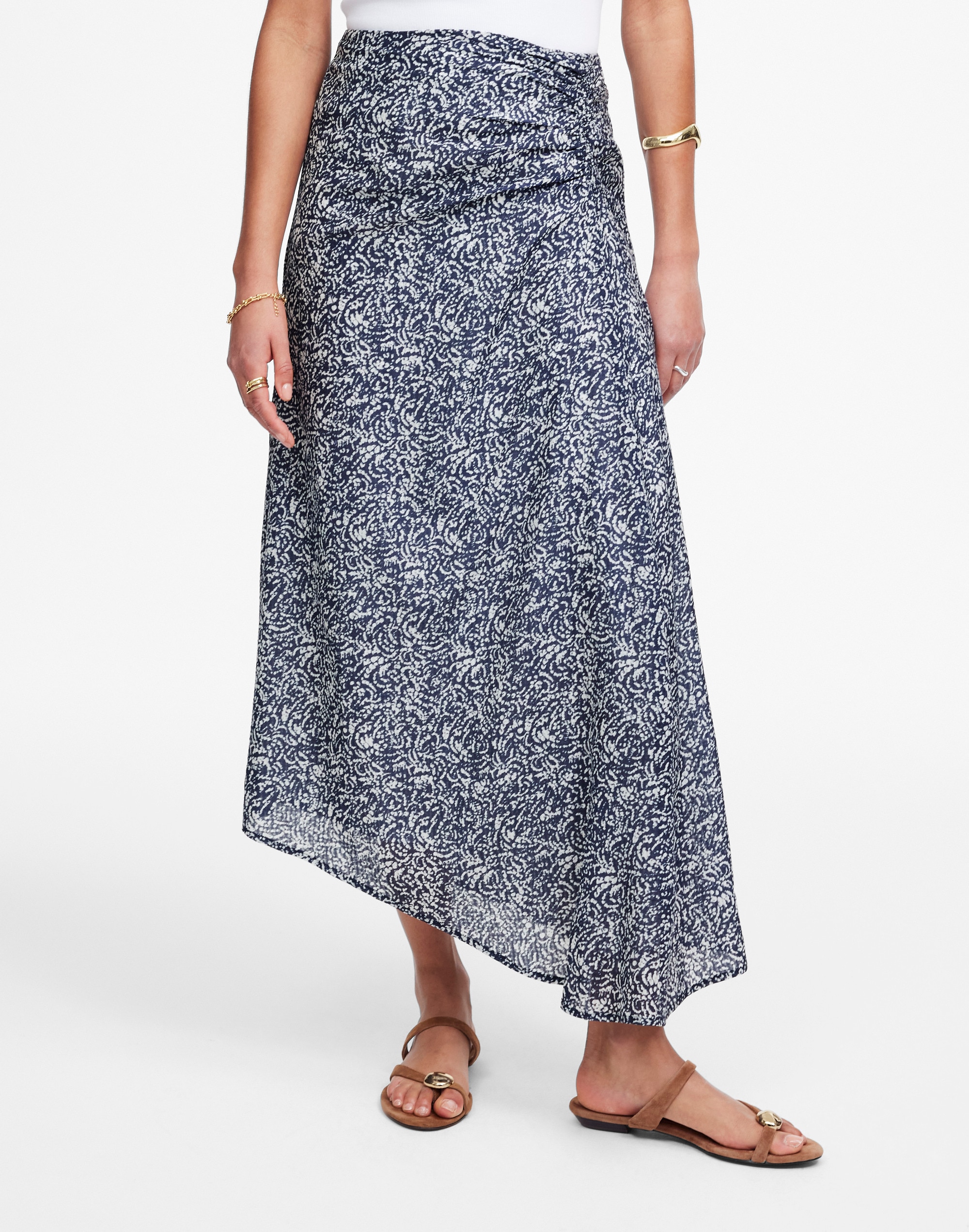 Ruched Asymmetric Midi Skirt