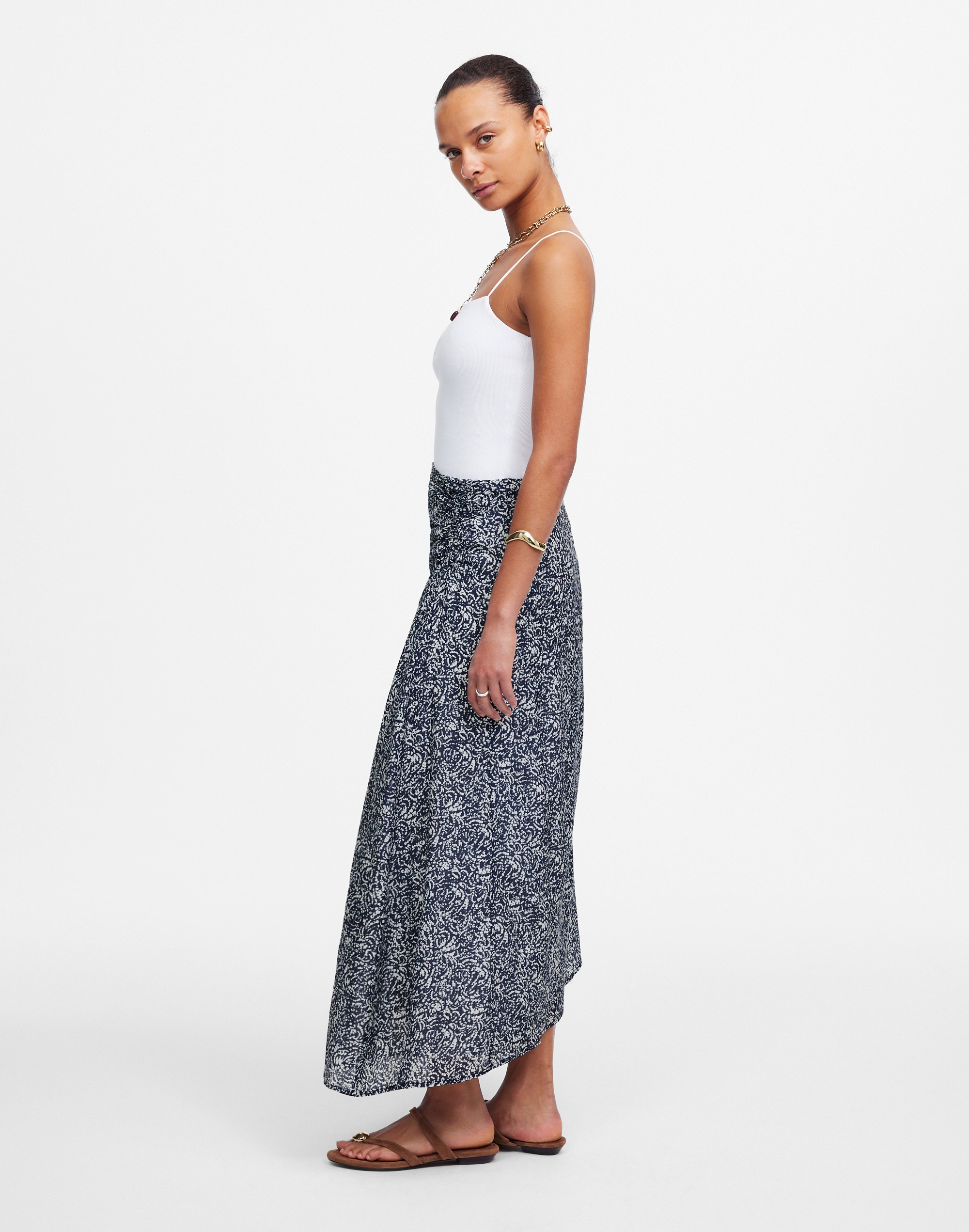 Ruched Asymmetric Midi Skirt