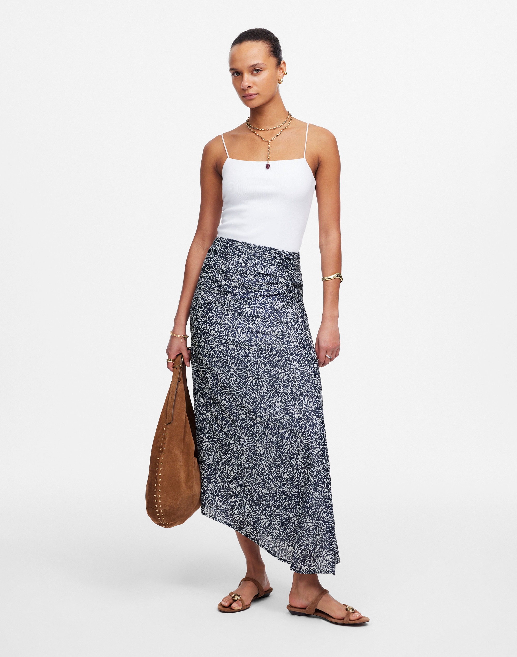 Ruched Asymmetric Midi Skirt