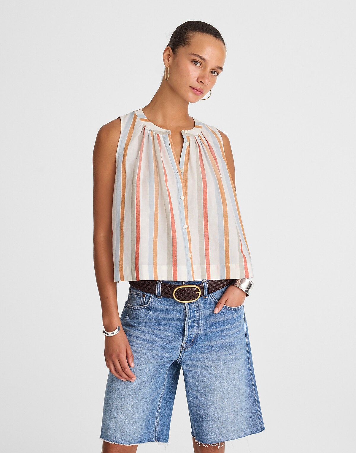Button-Front Tank in Linen-Cotton