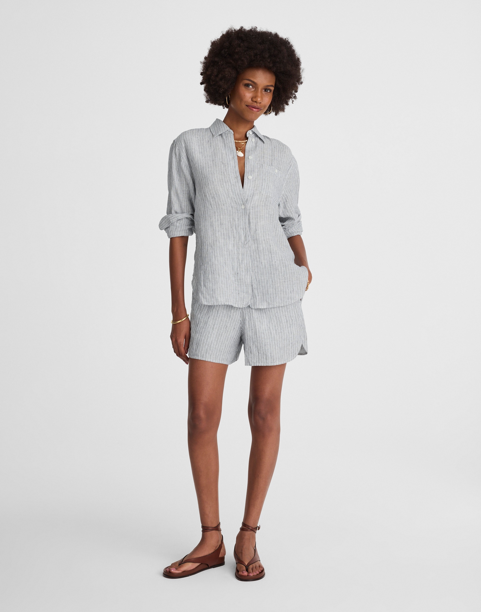 Striped Button-Up Shirt in 100% Linen