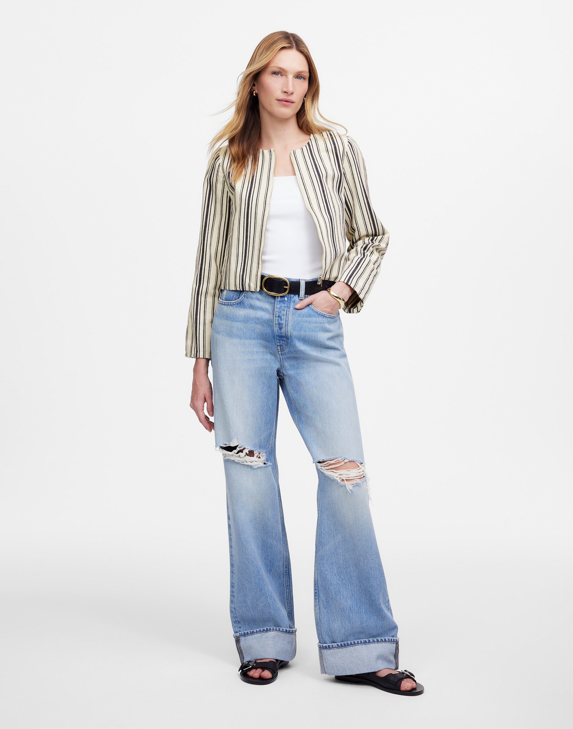 Striped Crop Cardigan Jacket in Cotton-Linen Alternate Image 1