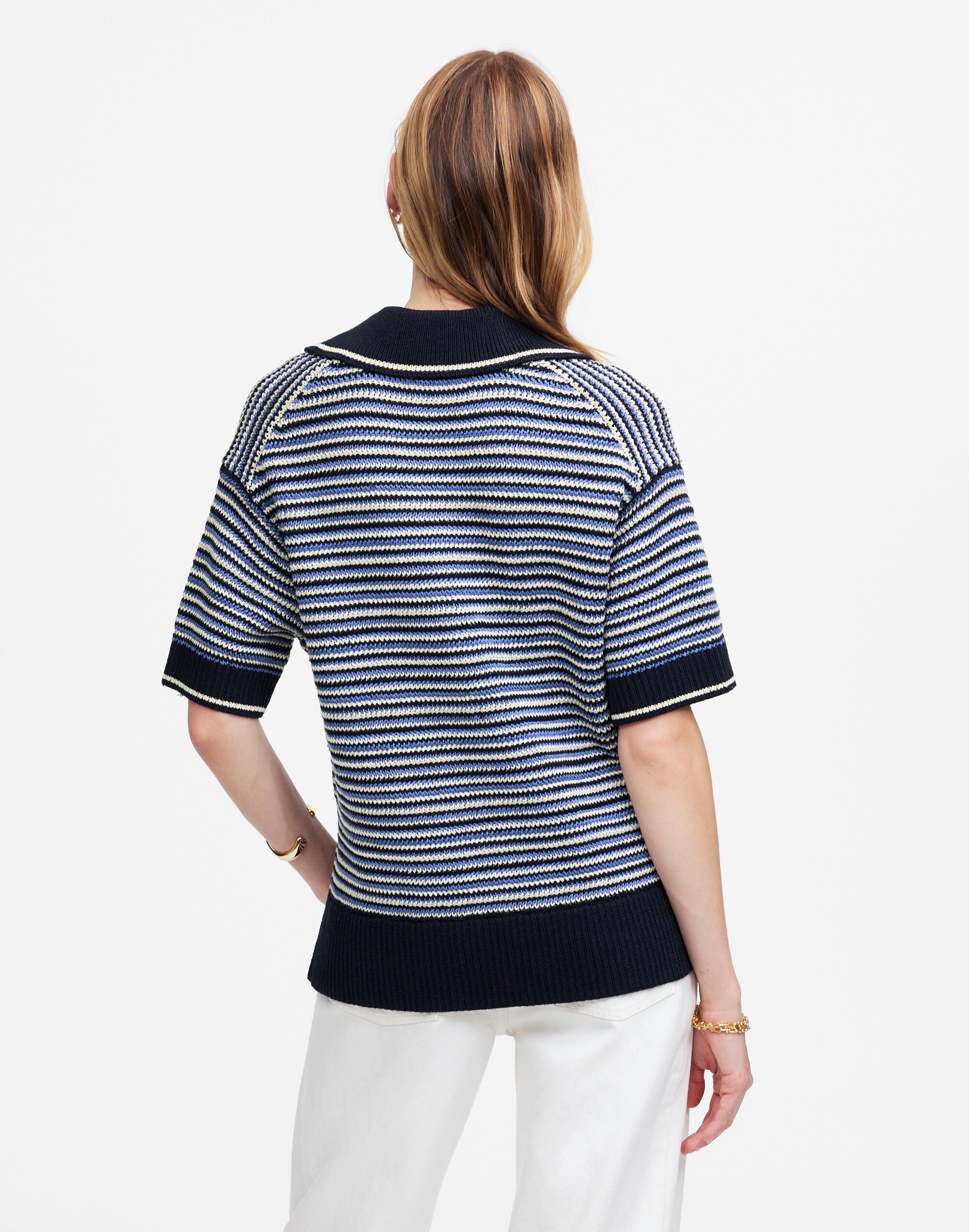 Striped Johnny-Collar Sweater Tee