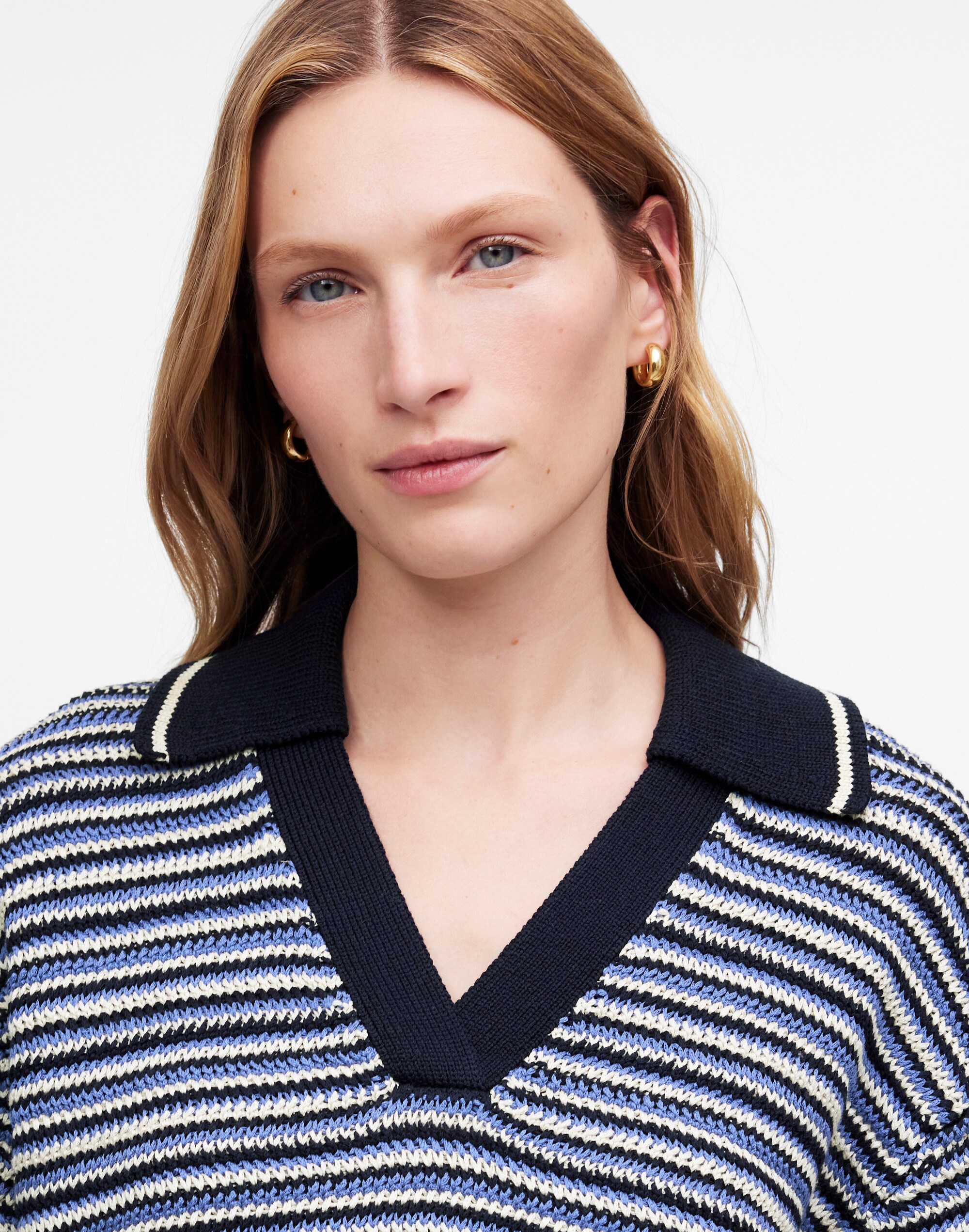 Striped Johnny-Collar Sweater Tee