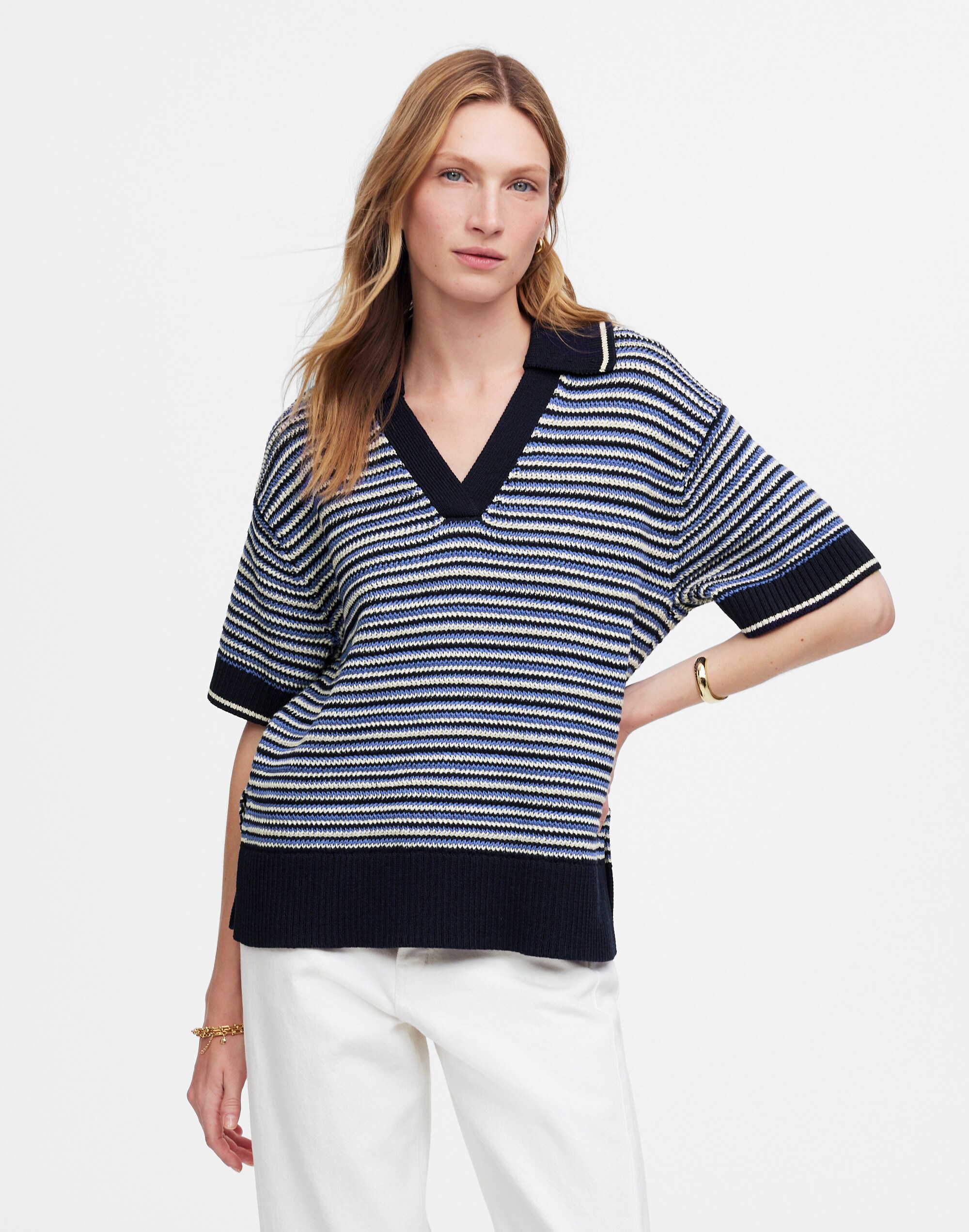 Striped Johnny-Collar Sweater Tee