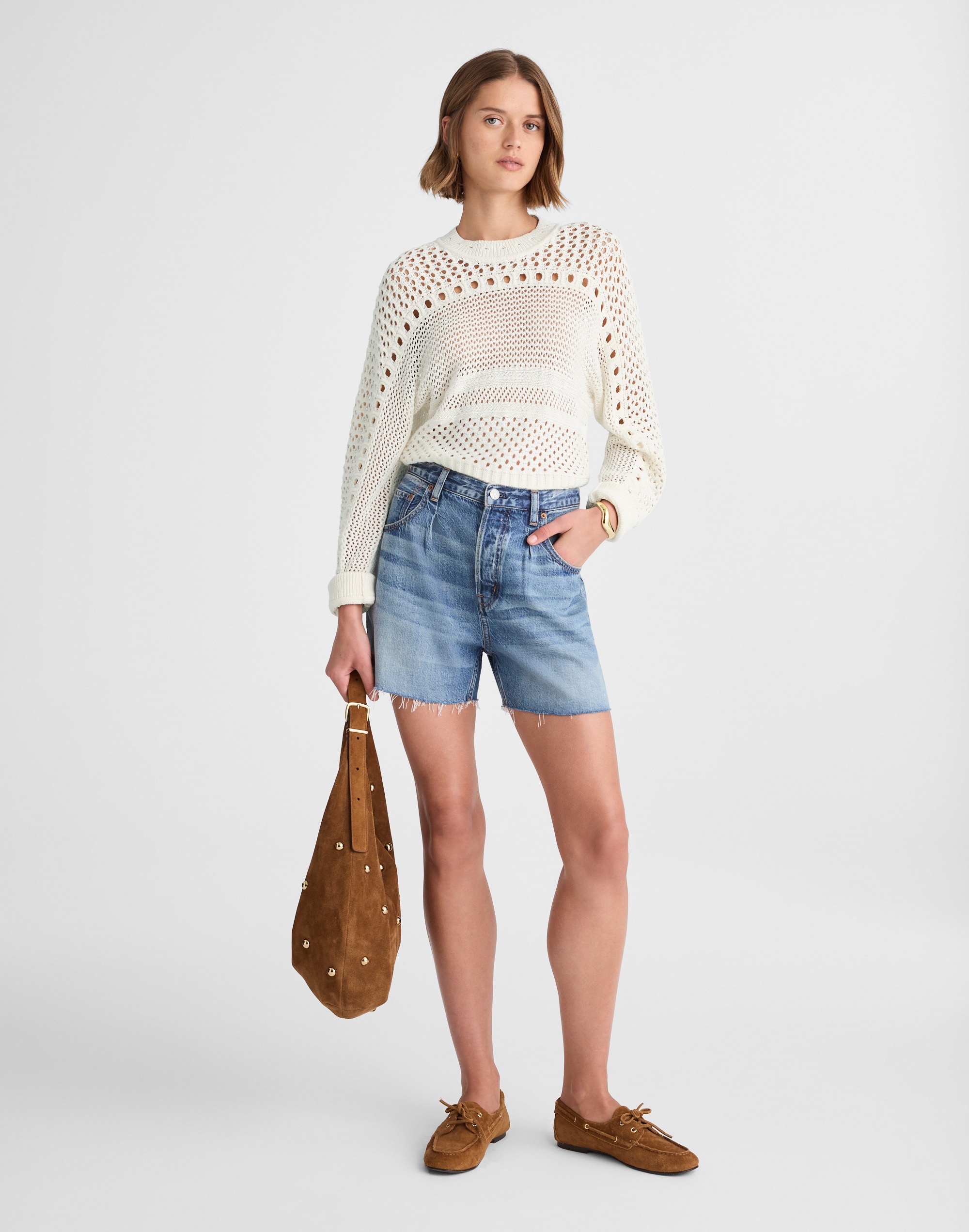 Open-Stitch Cotton Pullover Sweater