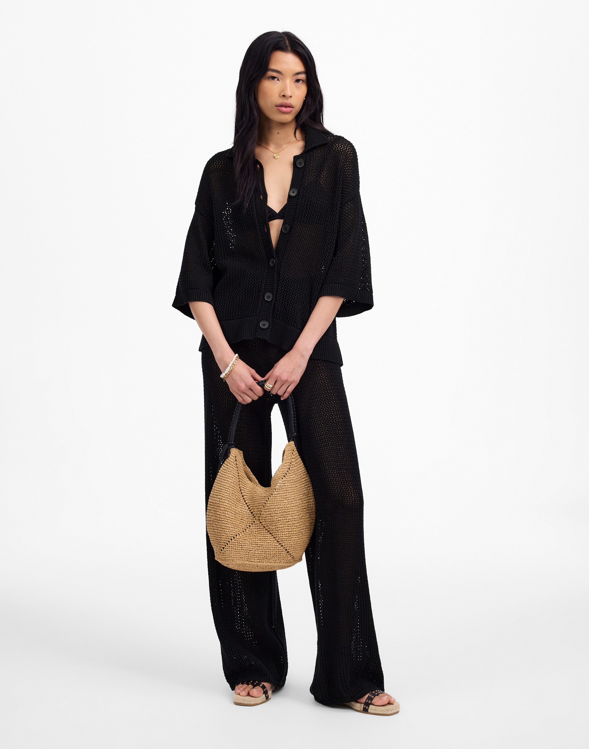 Open-Stitch Button-Front Cardigan