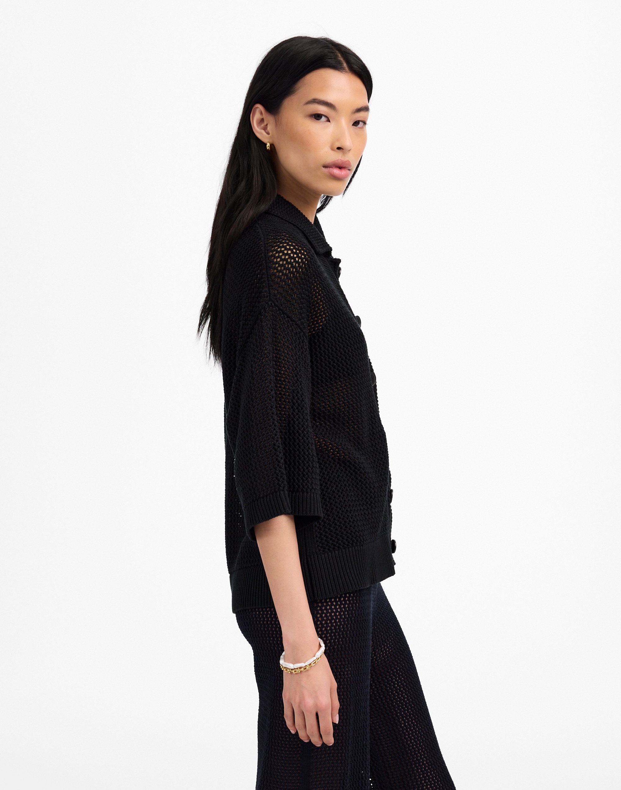 Open-Stitch Button-Front Cardigan