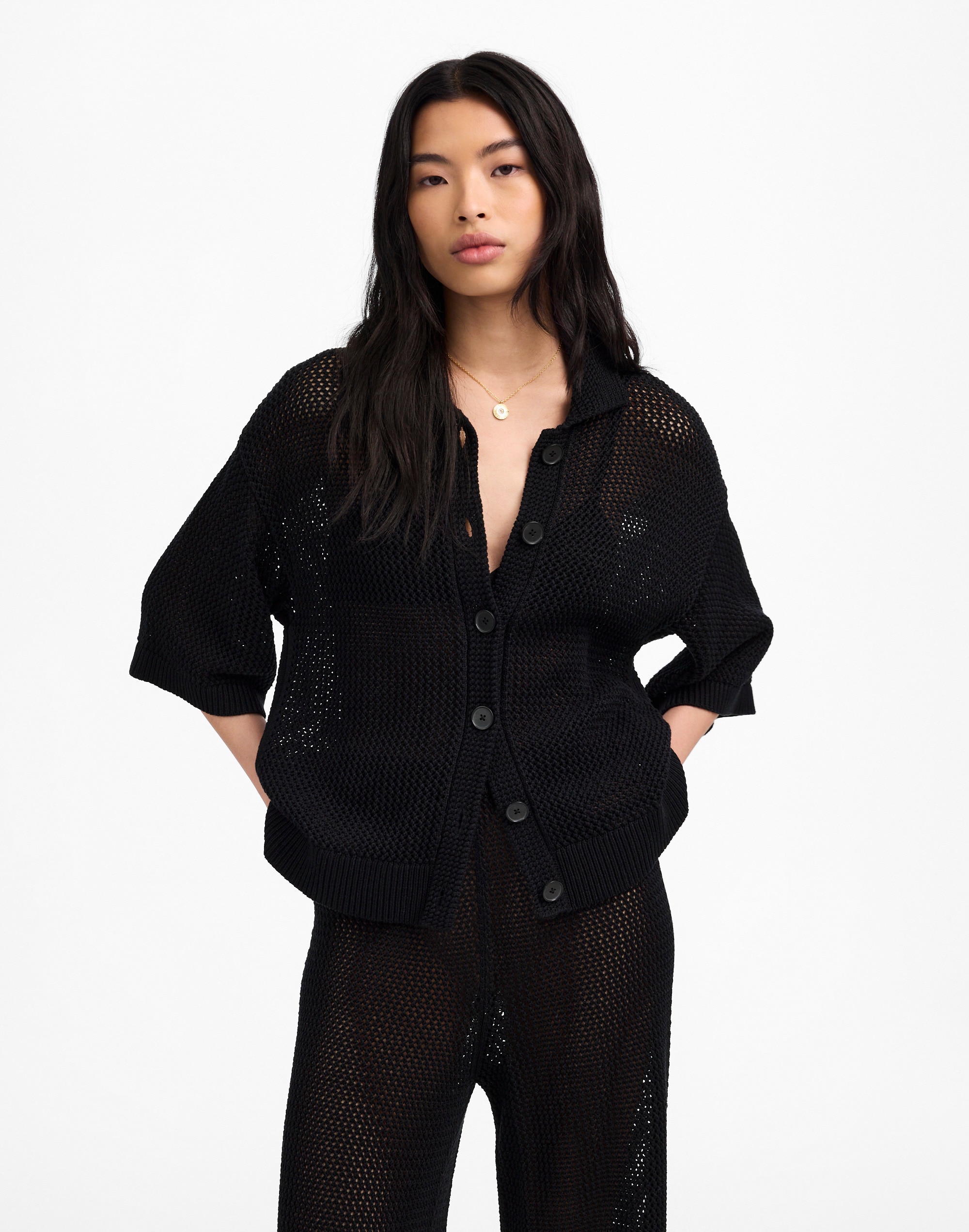 Open-Stitch Button-Front Cardigan