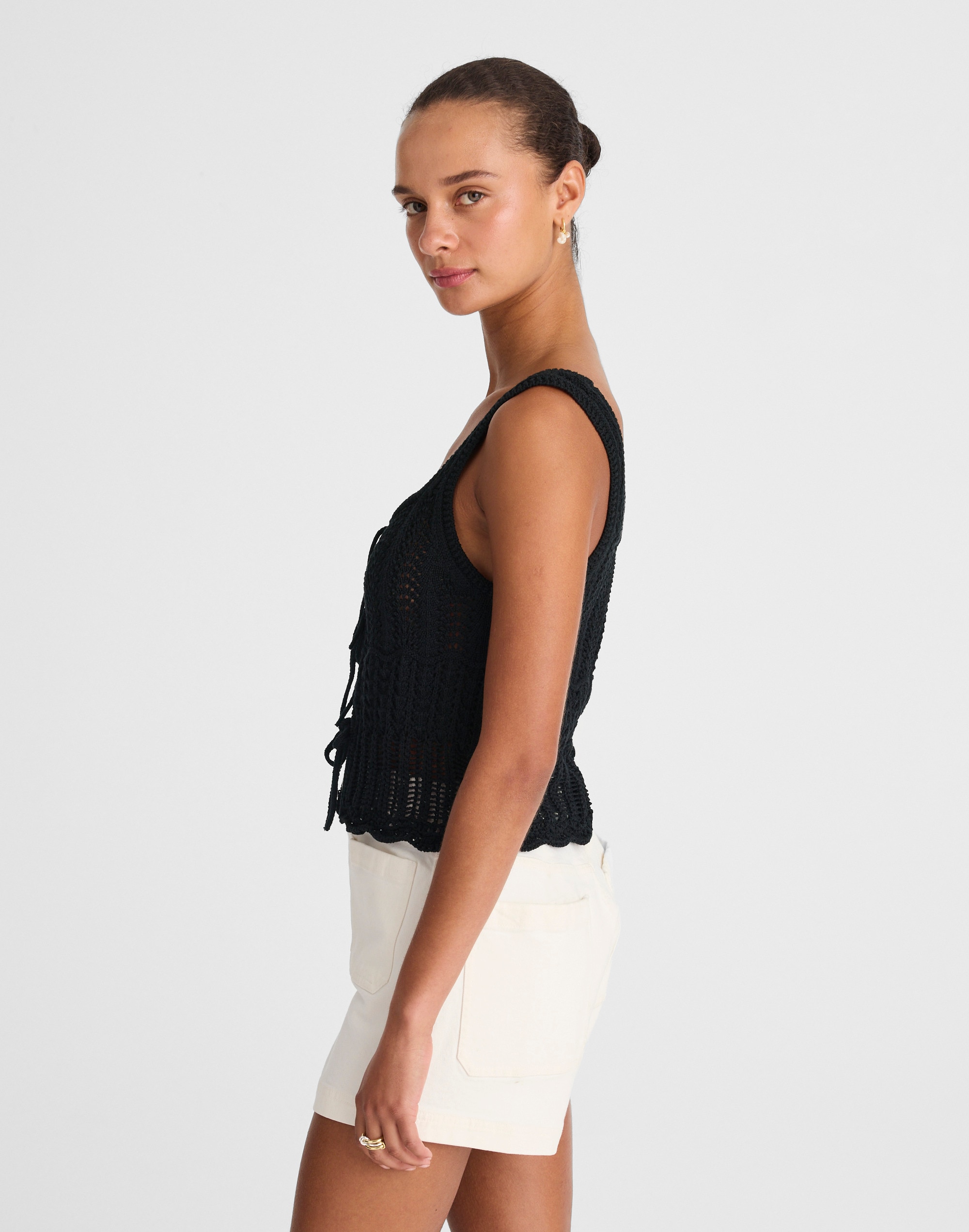 Pointelle-Stitch Tie-Front Sweater Tank