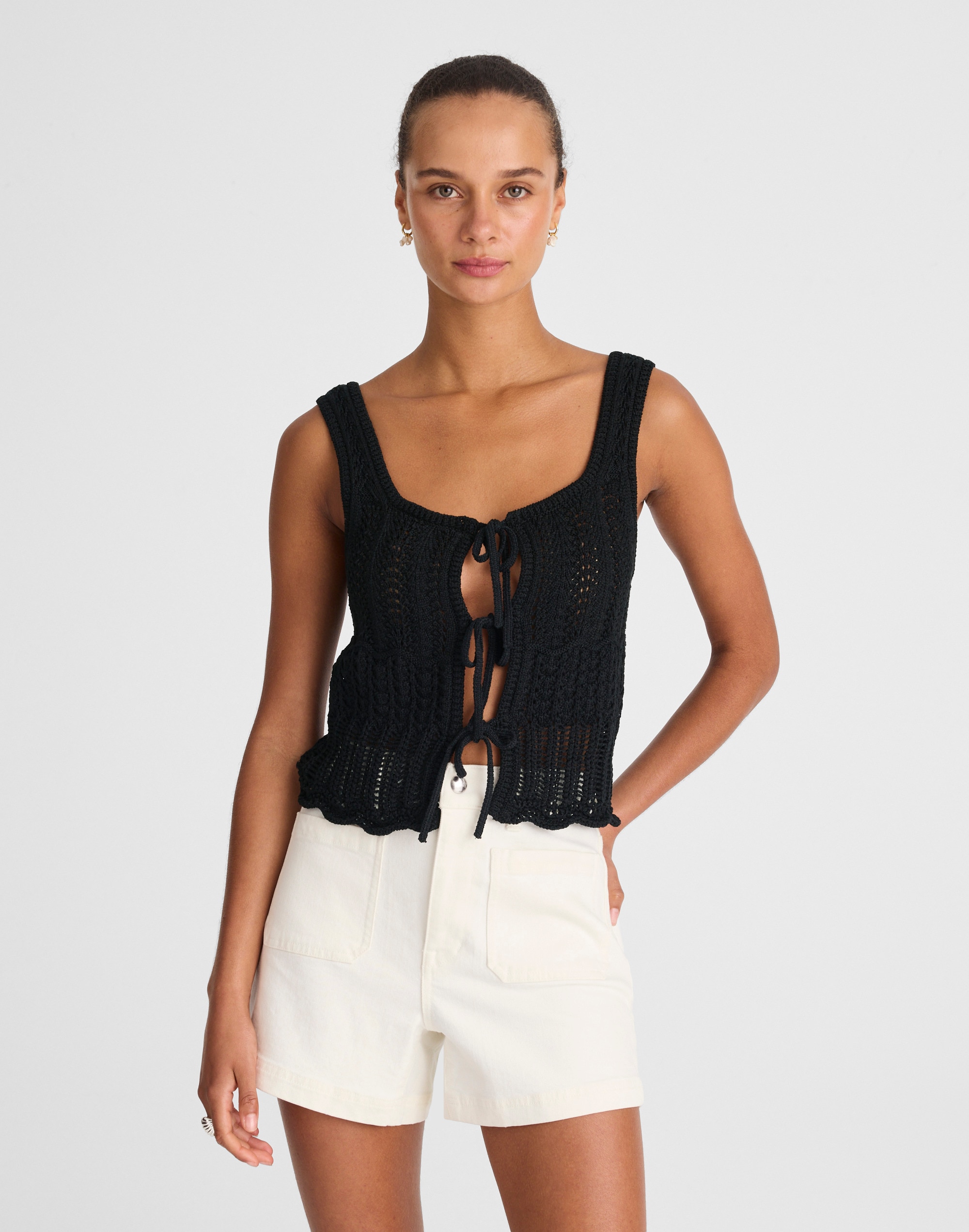 pointelle-stitch tie-front sweater tank