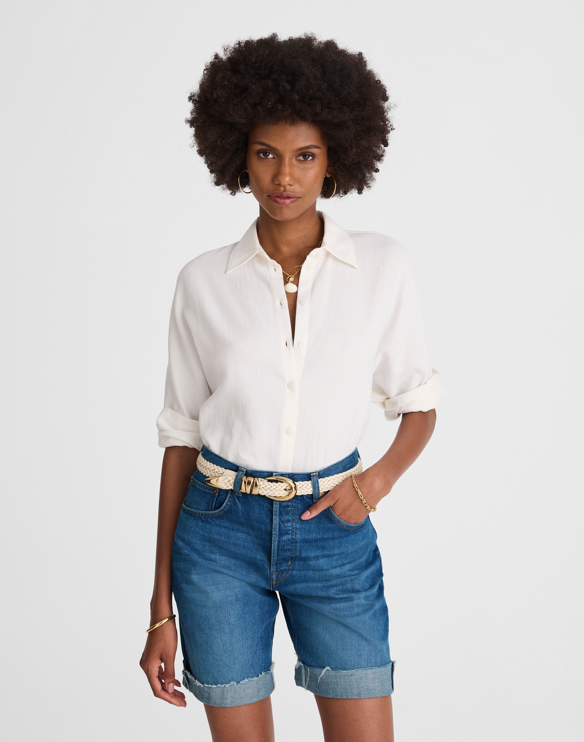 Long Baggy Cuffed Jean Shorts in Mifflin Wash