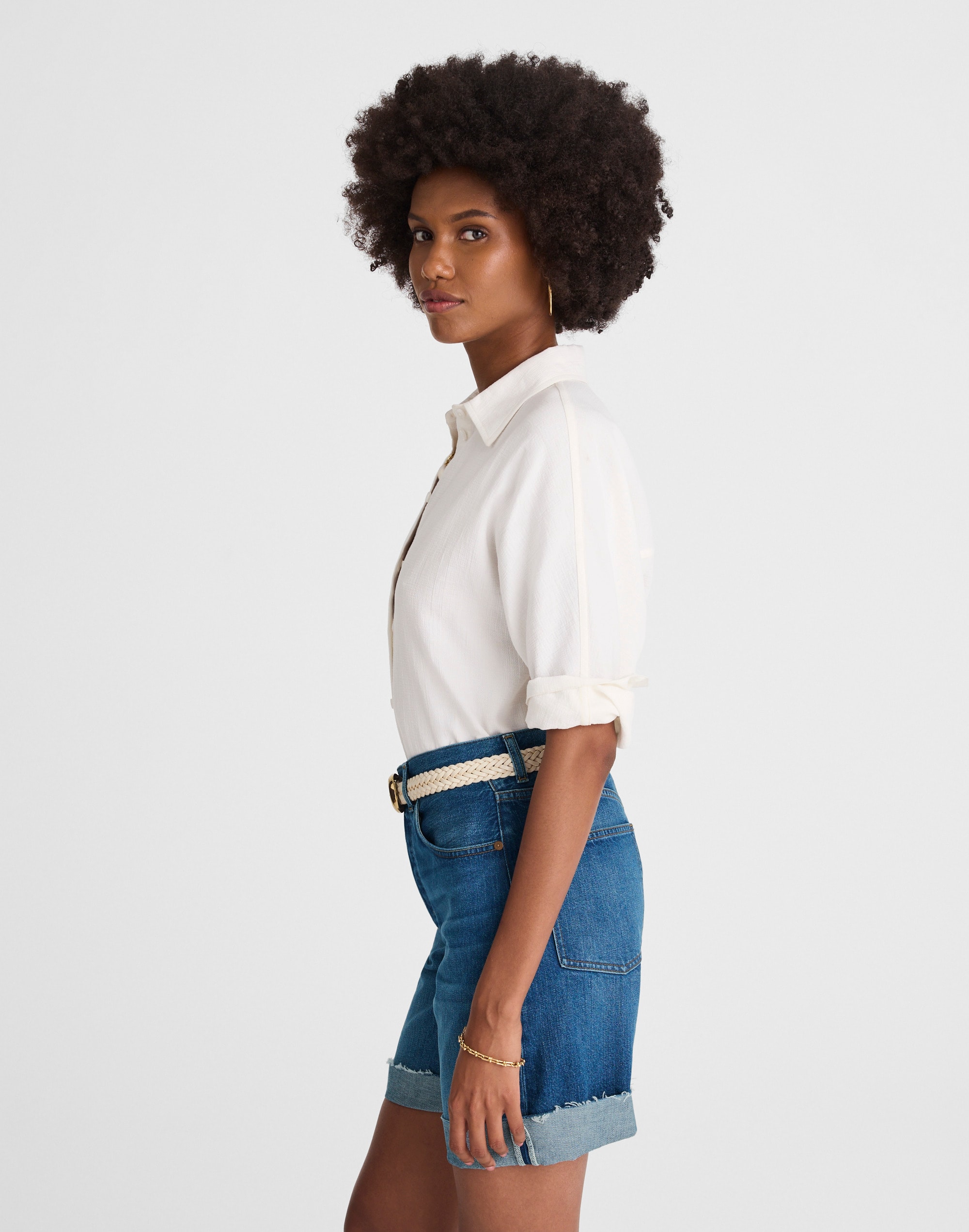 Long Baggy Cuffed Jean Shorts in Mifflin Wash