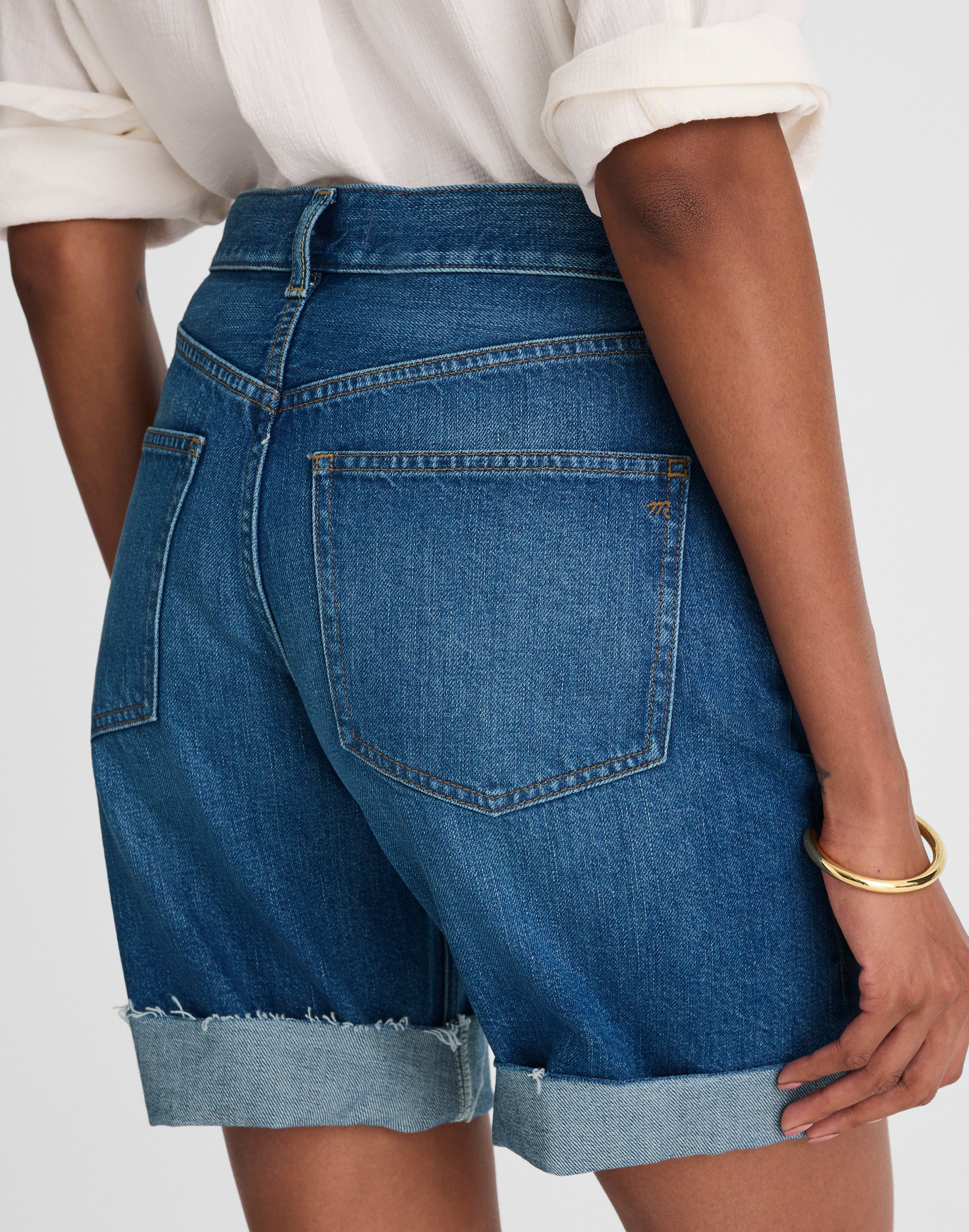 Long Baggy Cuffed Jean Shorts in Mifflin Wash
