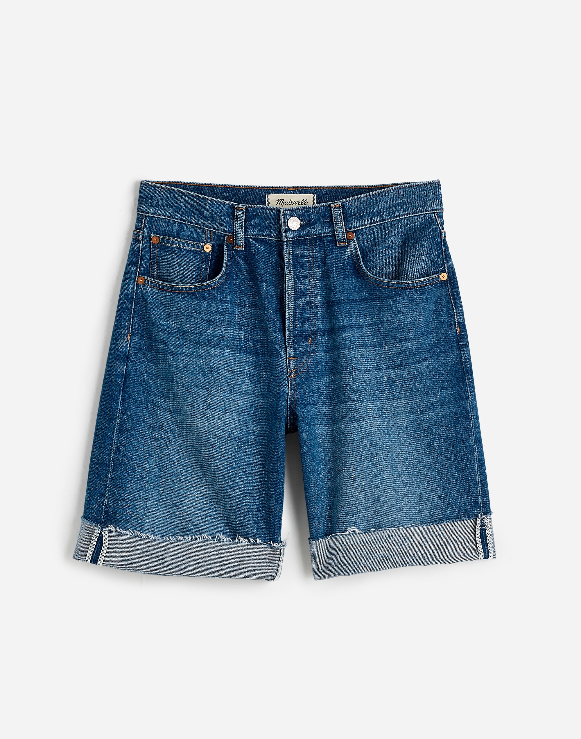 Long Baggy Cuffed Jean Shorts in Mifflin Wash