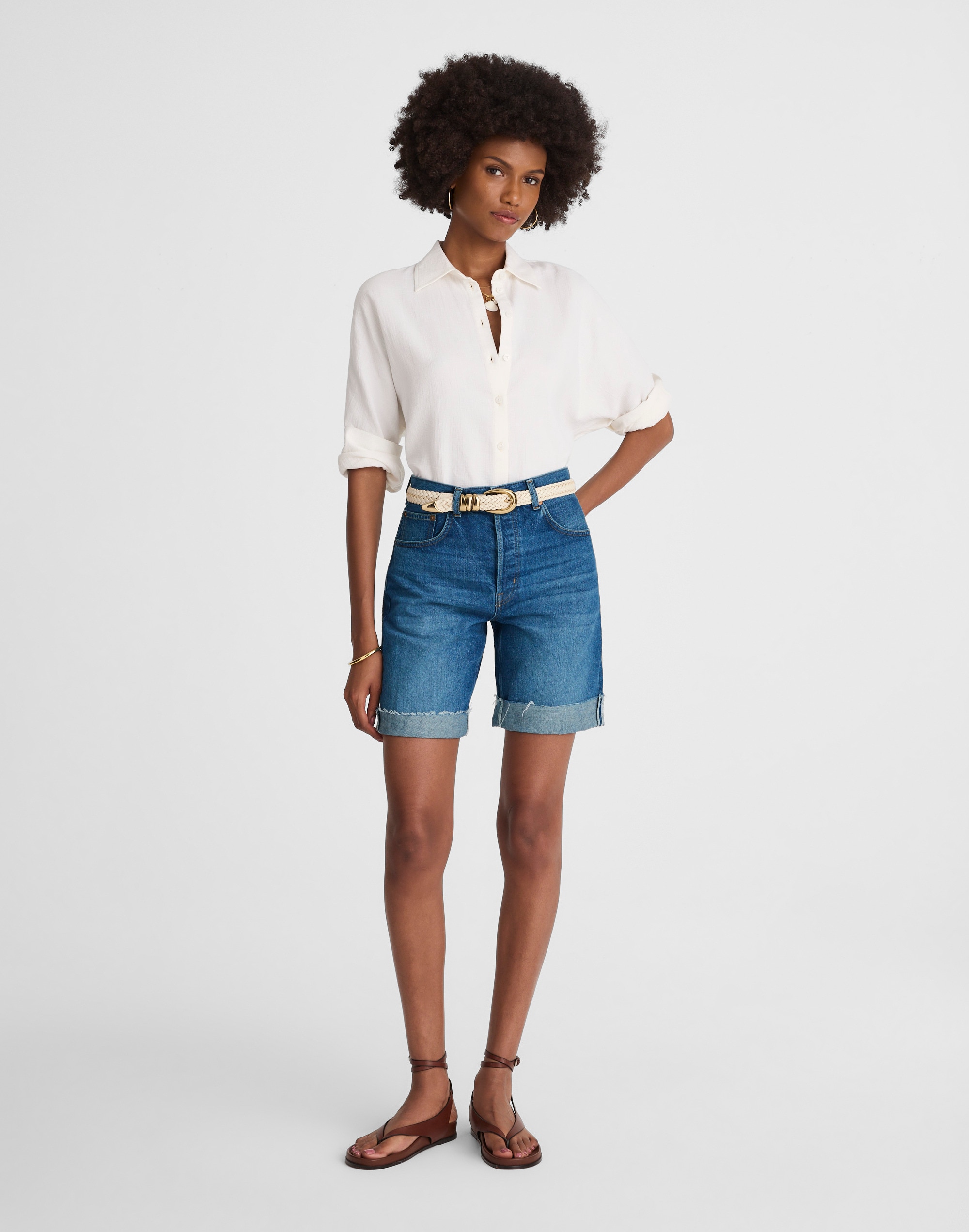 Long Baggy Cuffed Jean Shorts in Mifflin Wash